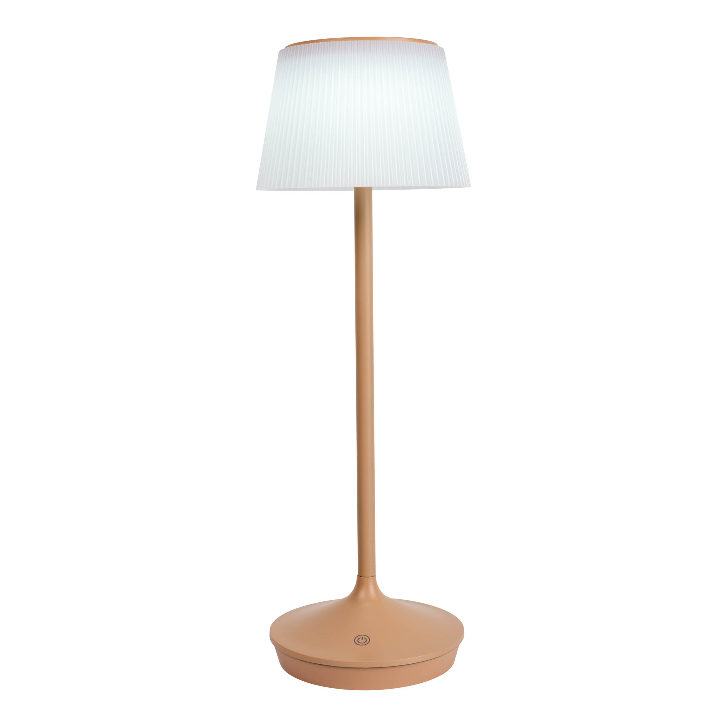 Hohe, moderne Stehlampe mit beigem Schirm und rundem Fuß. Weißer Hintergrund.