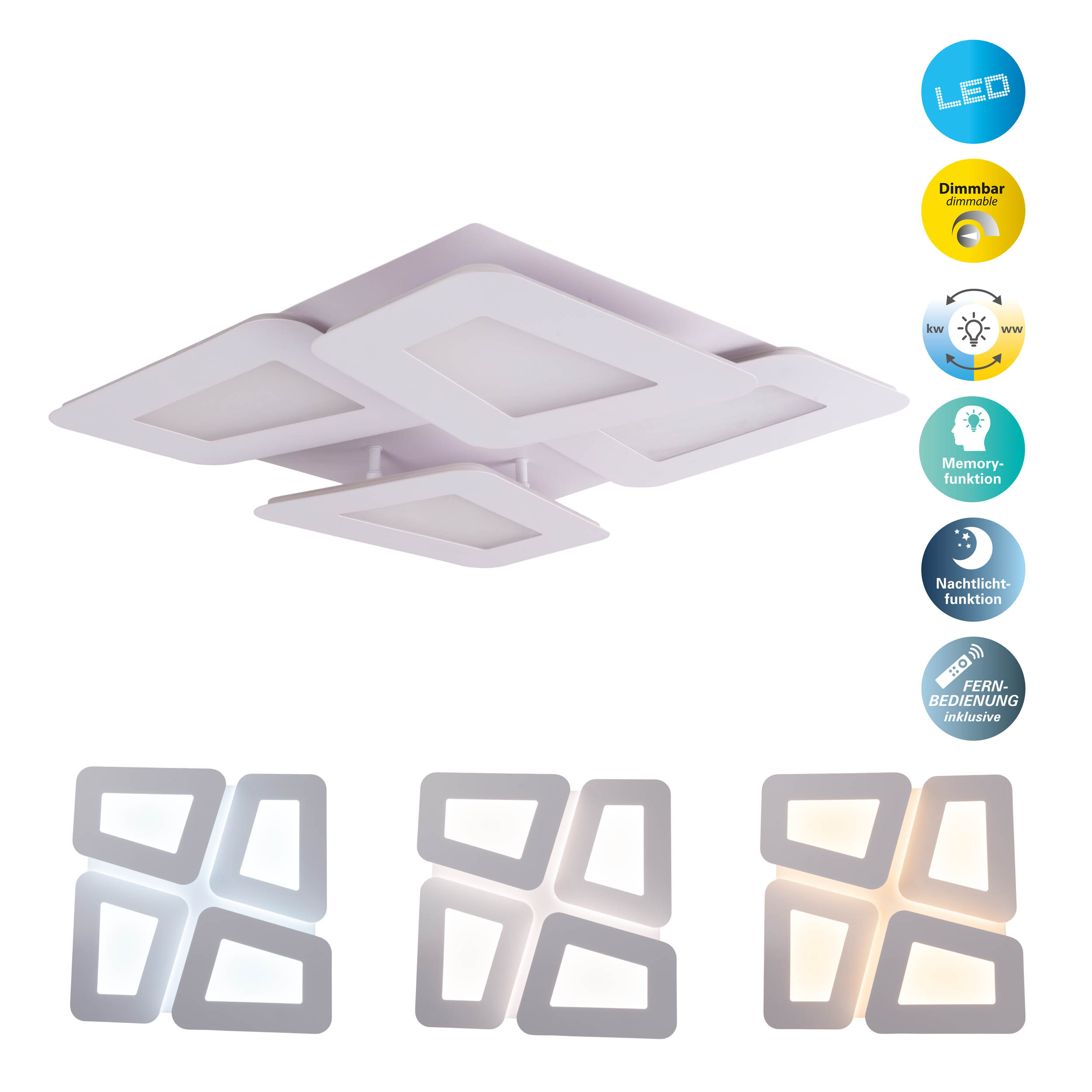 Eine weiße Deckenleuchte mit vier quadratischen Lichtpaneelen und verschiedenen Symbolen.