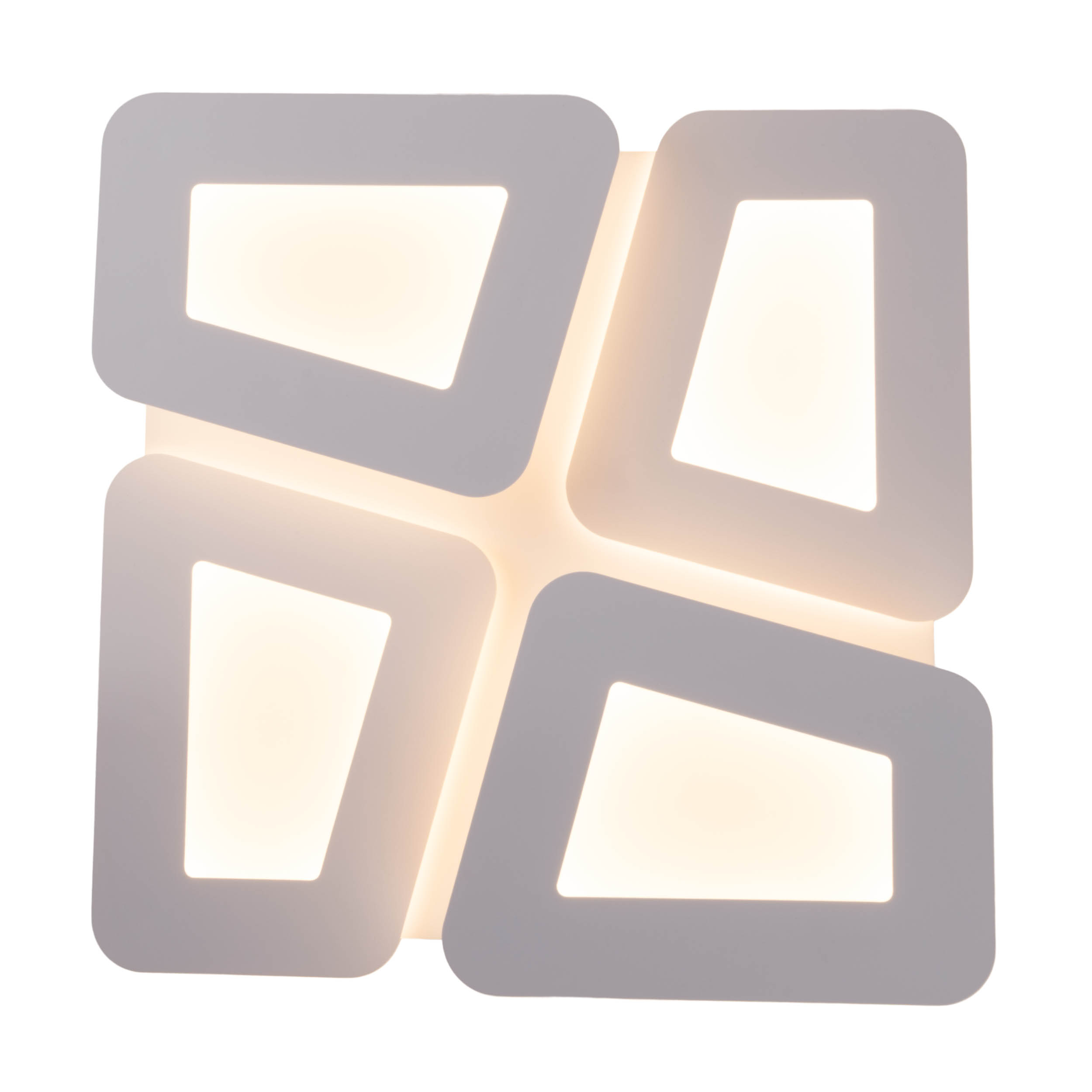 Eine weiße und graue quadratische Leuchte. Es hat ein einzigartiges blütenartiges Design.