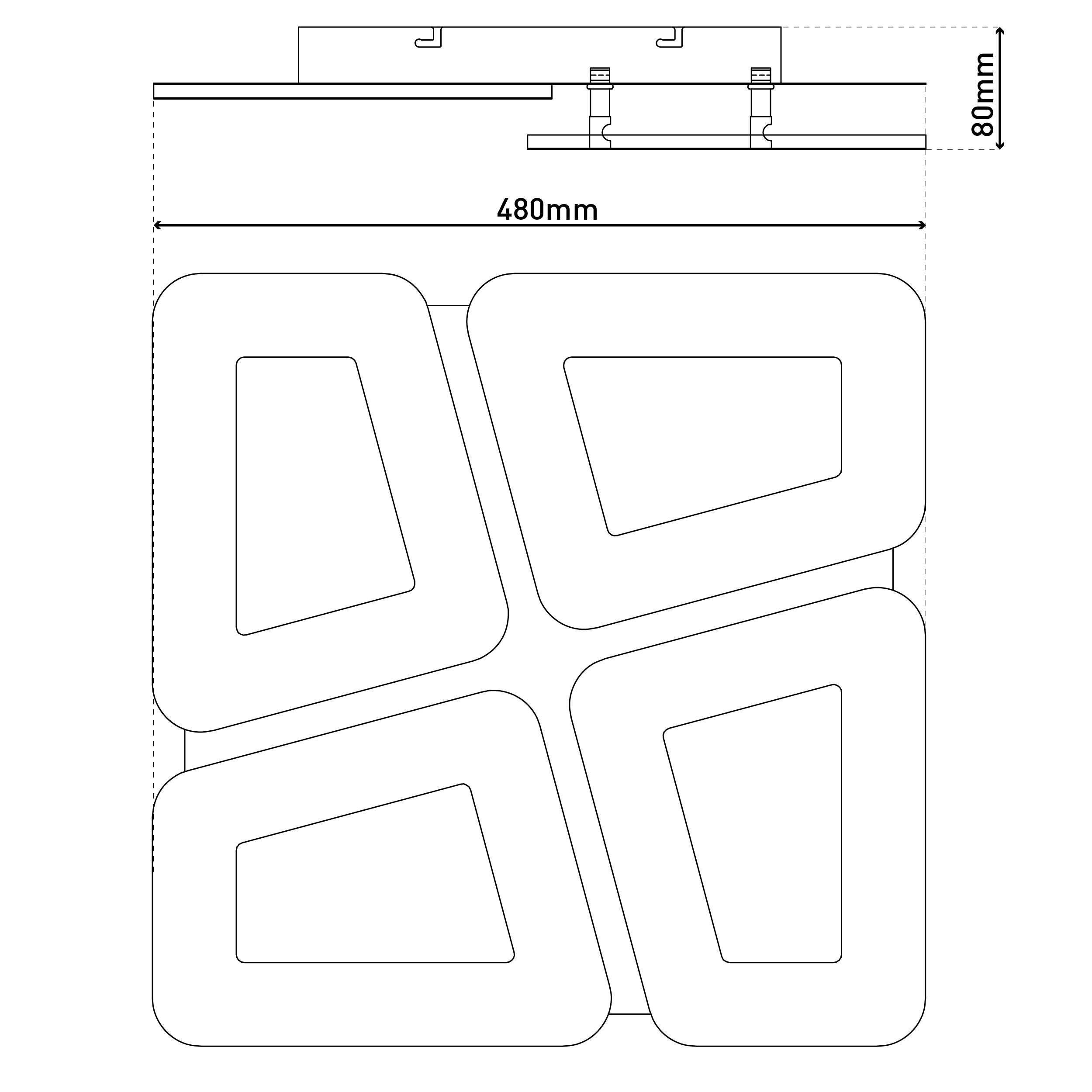 Technische Zeichnung eines modernen geometrischen Musters mit Abmessungen in Millimetern. Weißer Hintergrund.