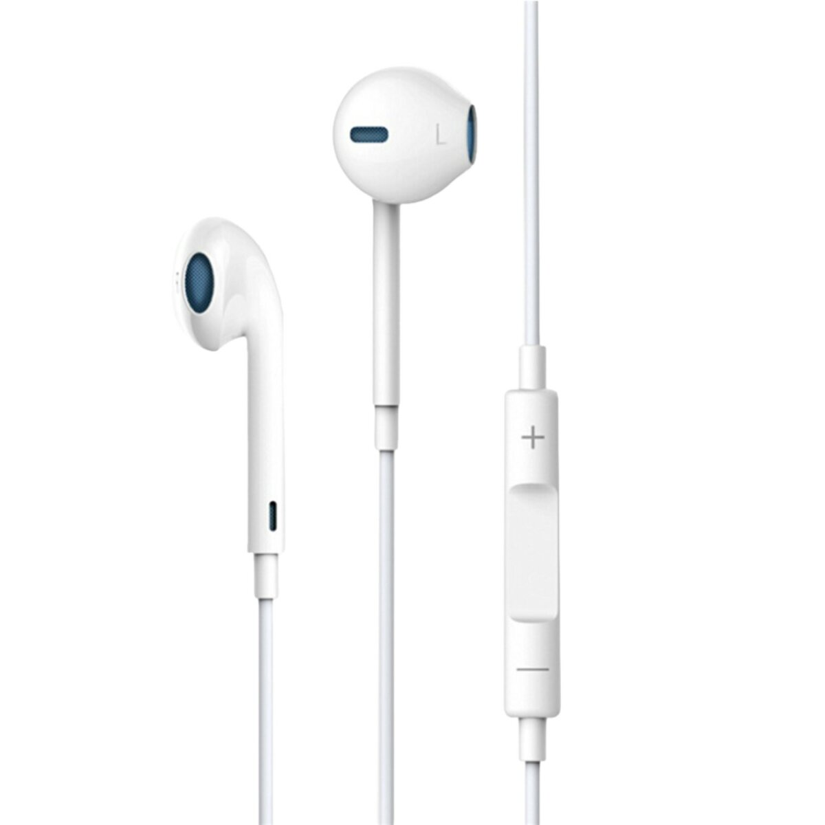 Auricolari Apple bianchi con pannello di controllo. Gli auricolari hanno una rete blu. Sul pannello è presente un simbolo più e meno.