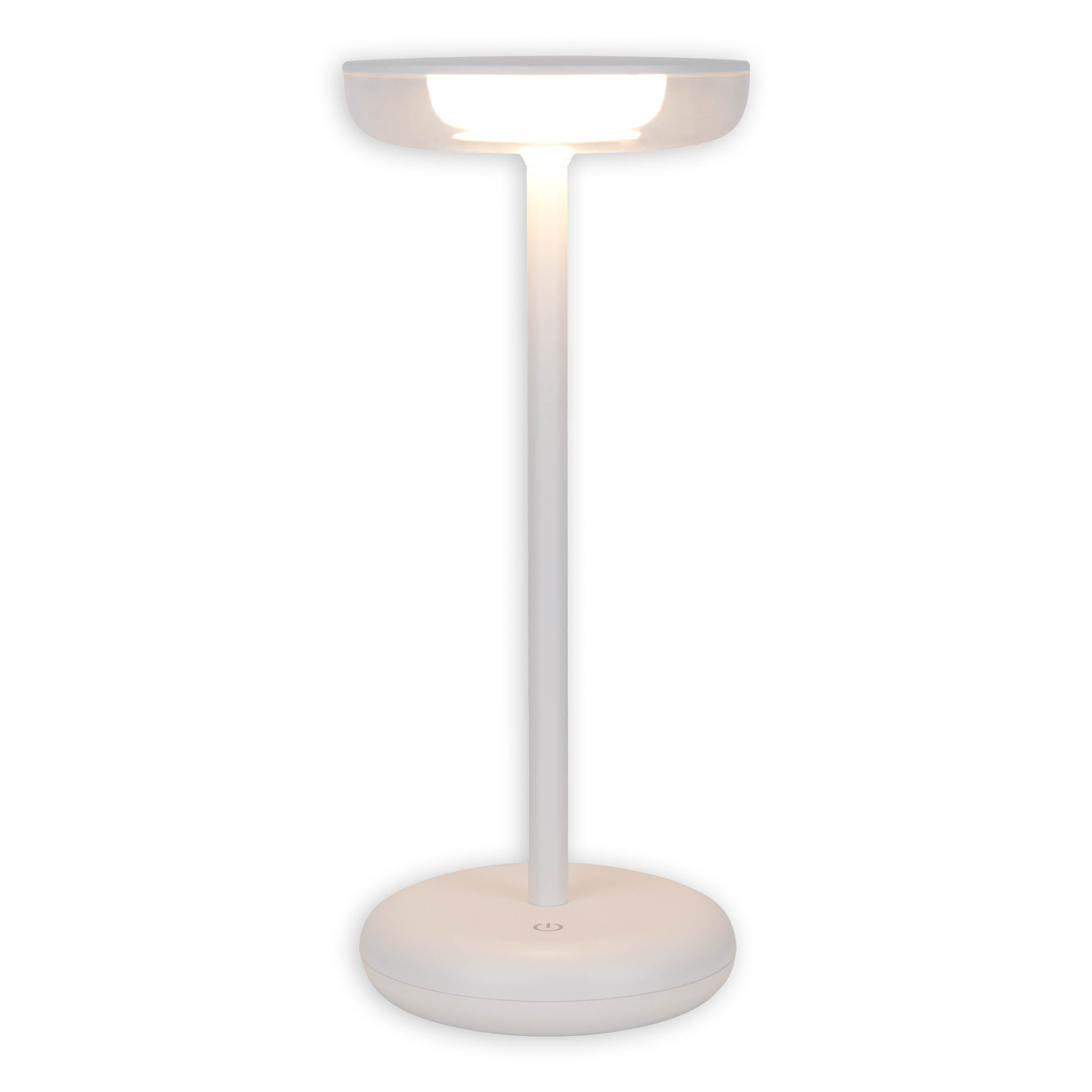 Eine moderne, weiße Lampe mit kreisförmiger Basis, hohem Schaft und kreisförmiger Lichtquelle oben. Sie leuchtet.