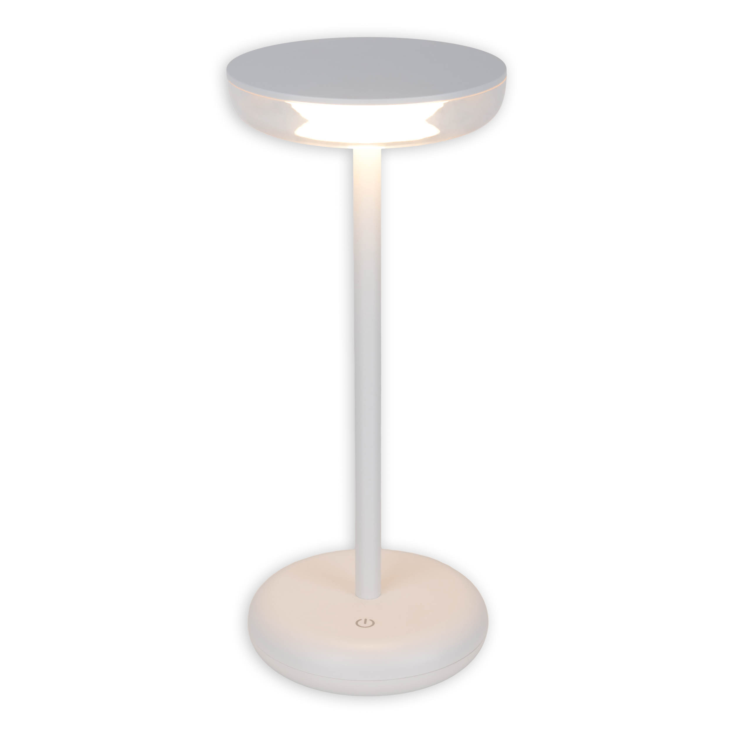 Eine weiße Nachttischlampe mit weißem, kreisförmigem Schirm. Sie hat einen weißen Sockel und Stiel.