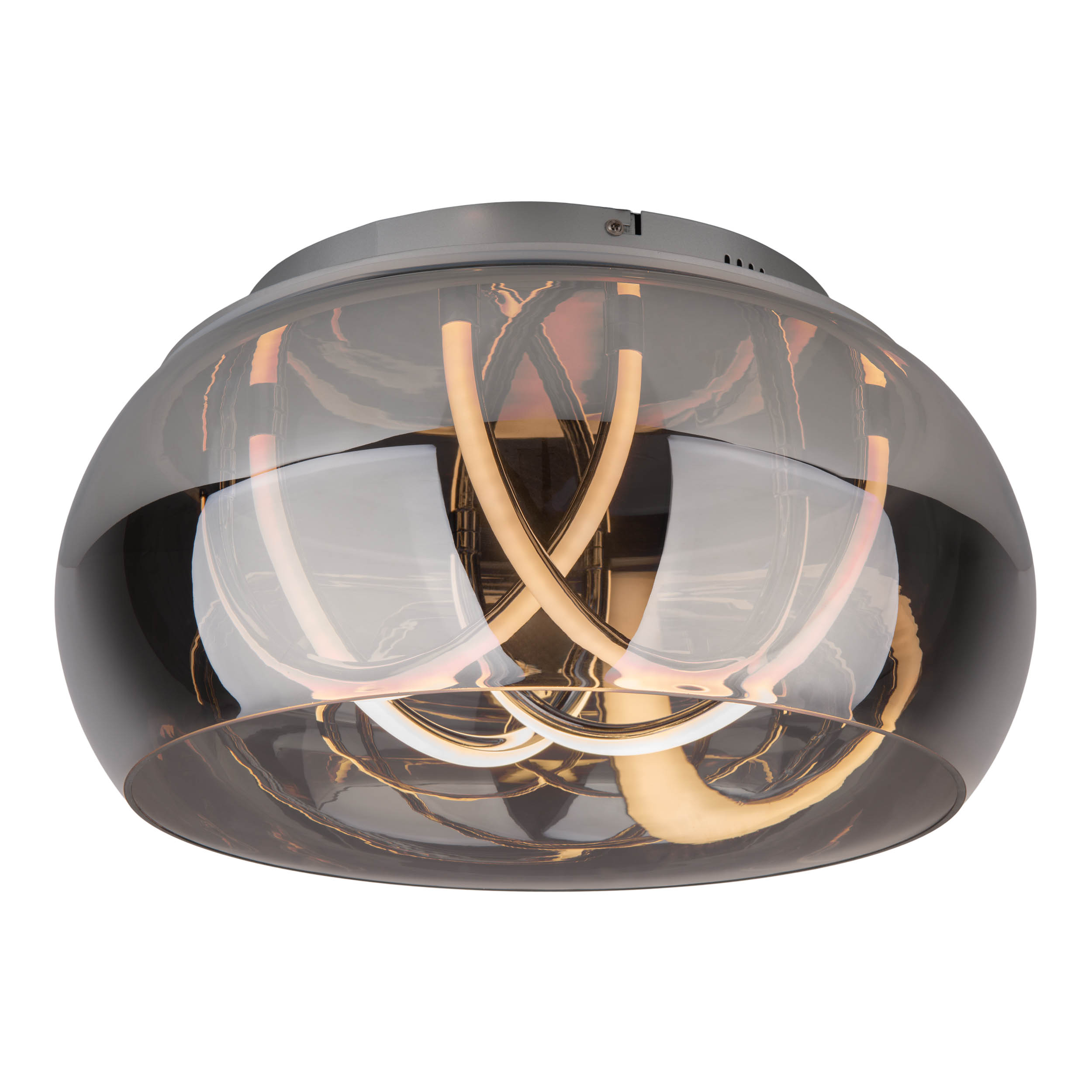 Moderne Deckenlampe mit einem Lampenschirm aus Rauchglas.