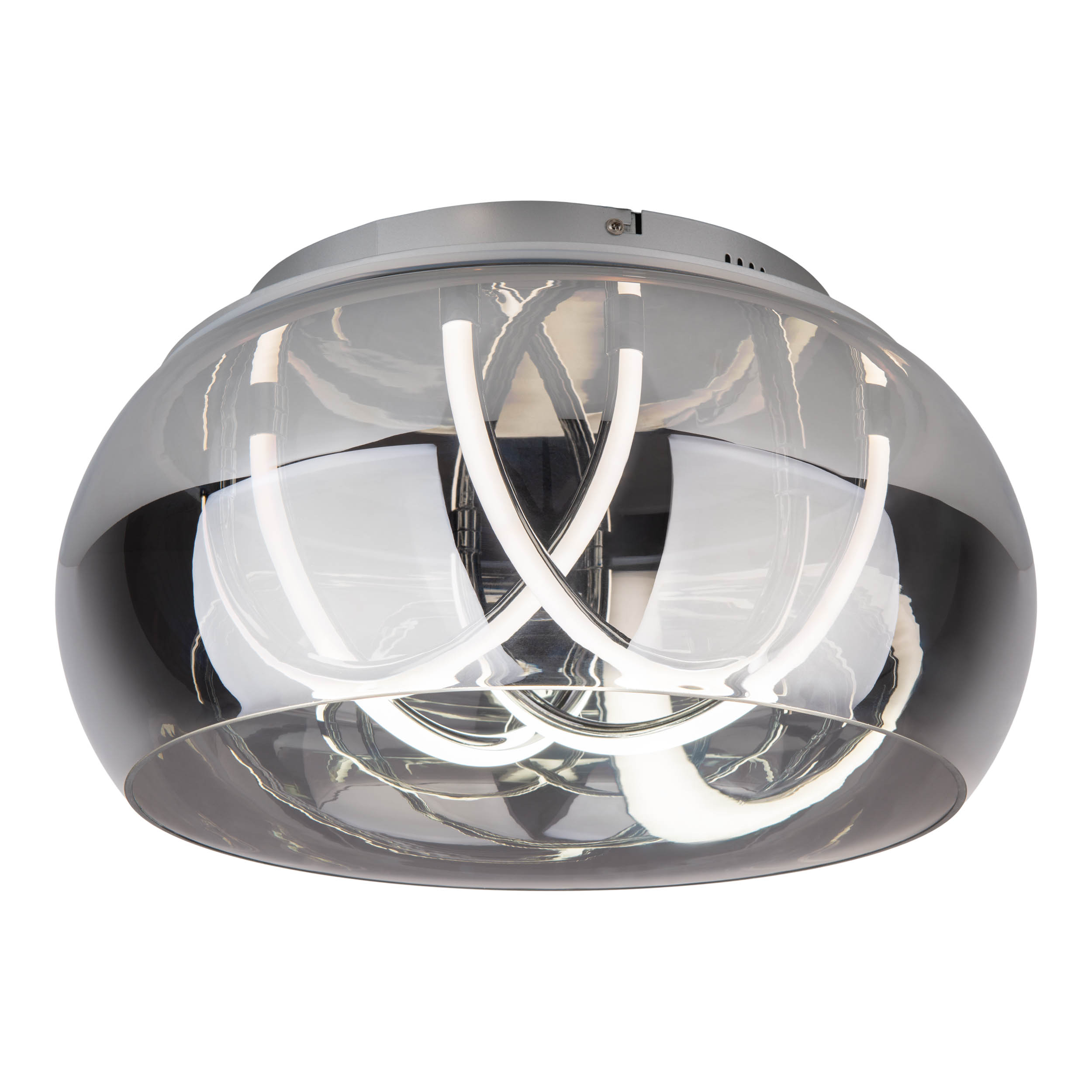 Eine moderne Deckenlampe mit transparentem Schirm und silberfarbenem Sockel.