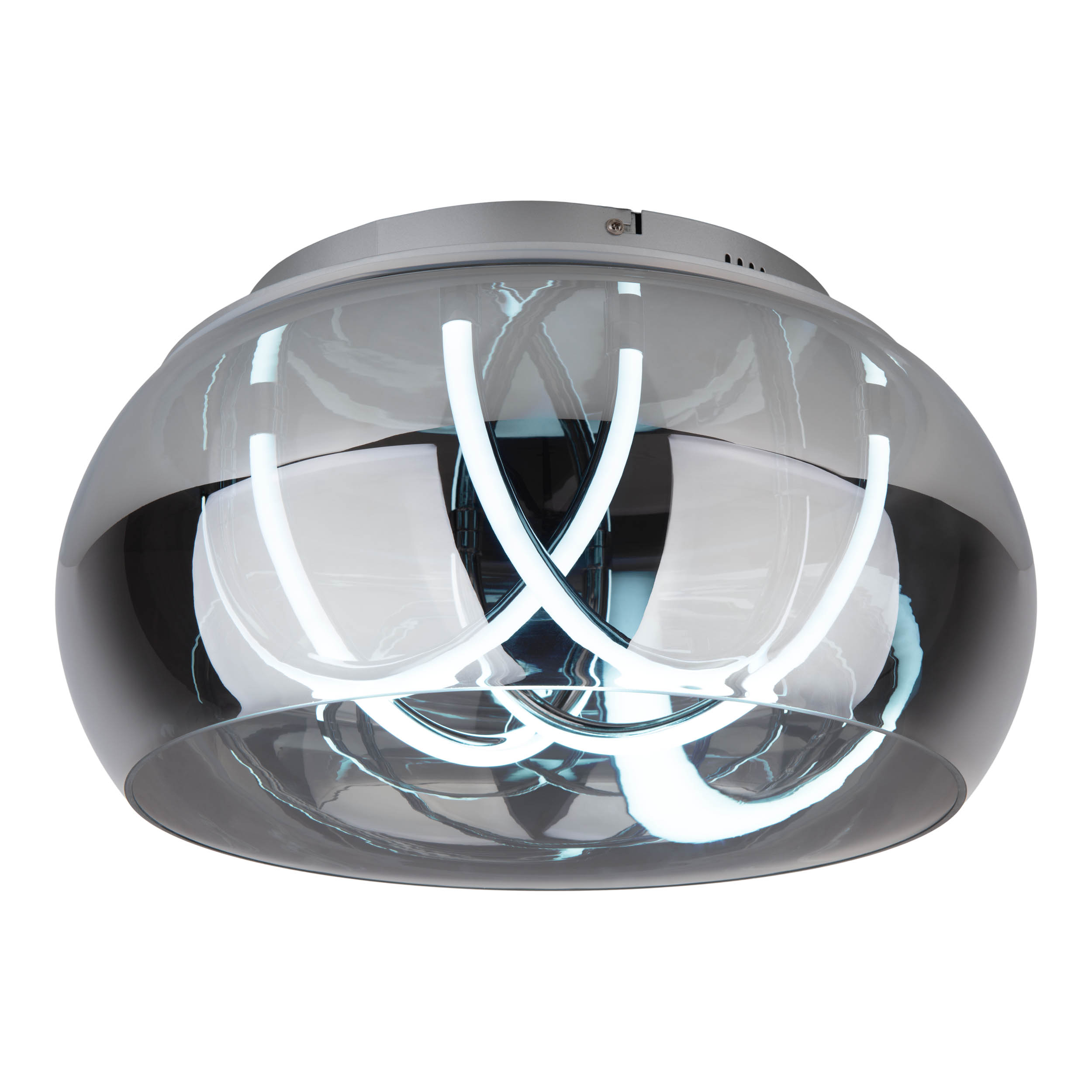 Moderne Deckenlampe mit Glaskugel und Design aus leuchtenden weißen Linien.