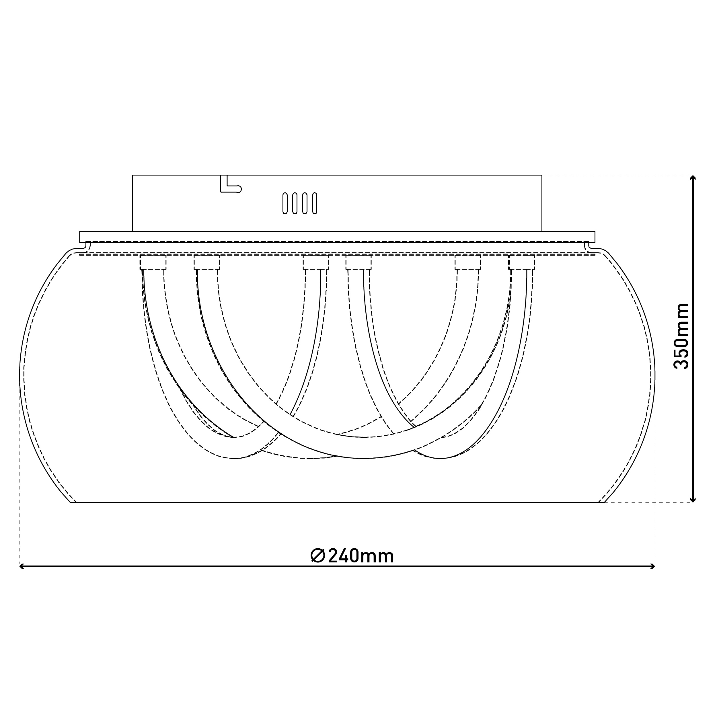 Strichzeichnung einer Deckenlampe mit Abmessungen in Millimetern angegeben.