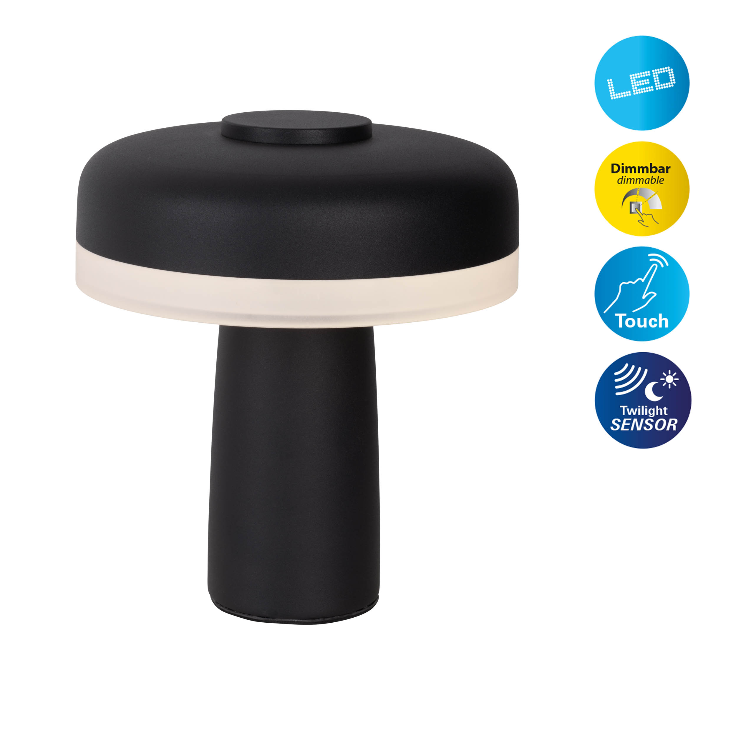 Schwarz-weiße Tischlampe mit Touch-Bedienelementen und einem Dämmerungssensor.