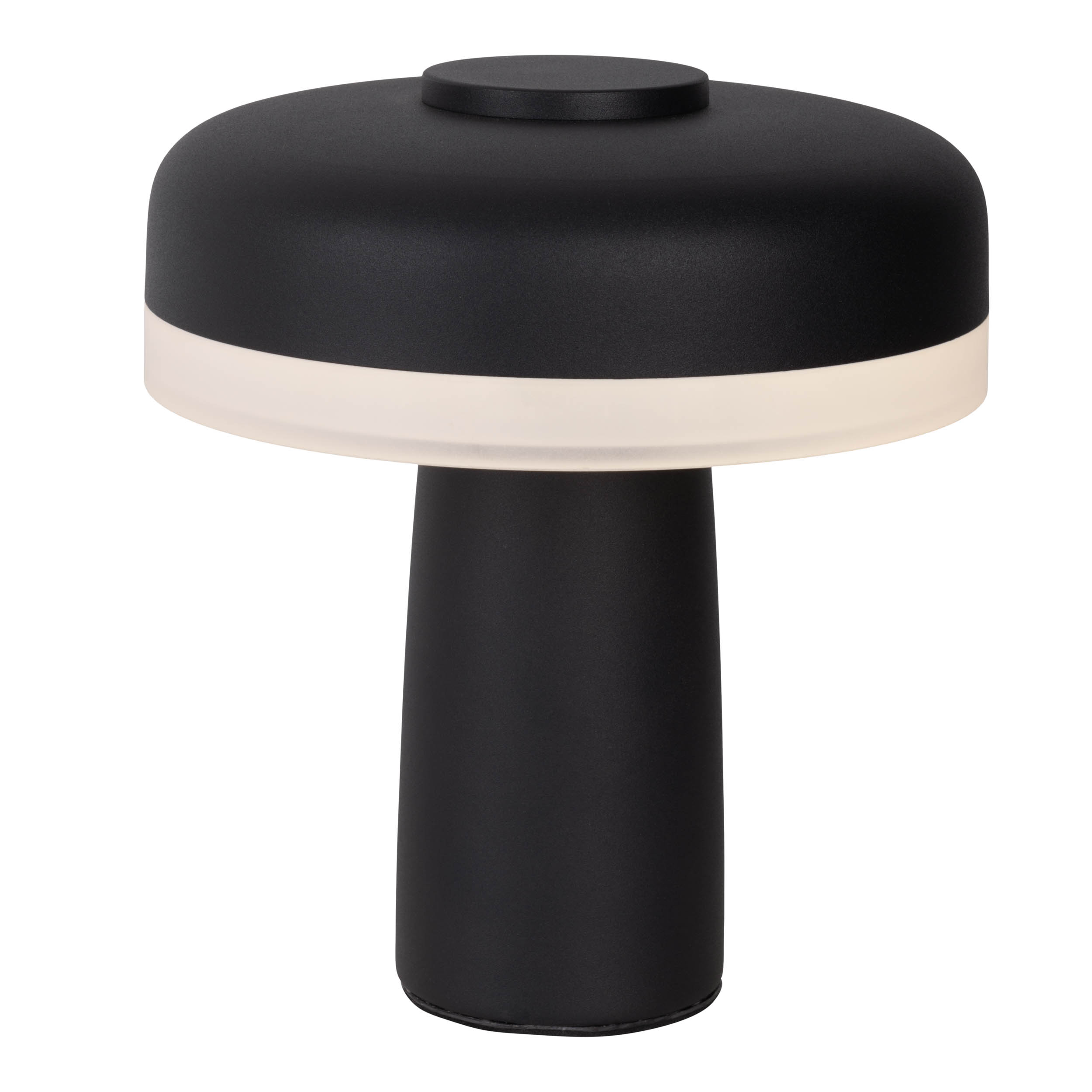 Schwarz-weiße Tischlampe. Sie hat einen schwarzen Kopf und Sockel. Die Lampe hat ein weißes Licht.