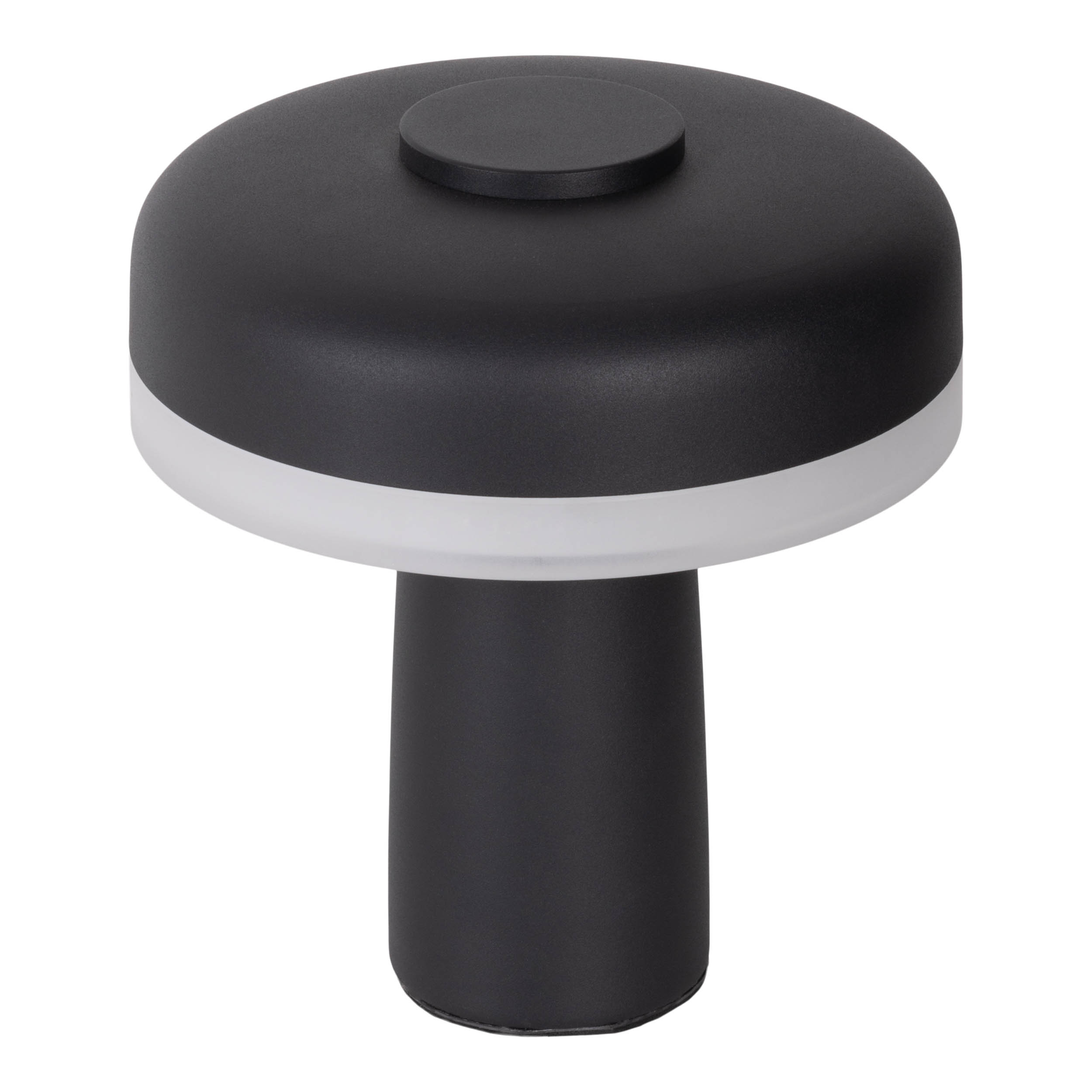 Schwarze moderne Tischlampe mit einem weißen Leuchtring am Boden des oberen Teils.