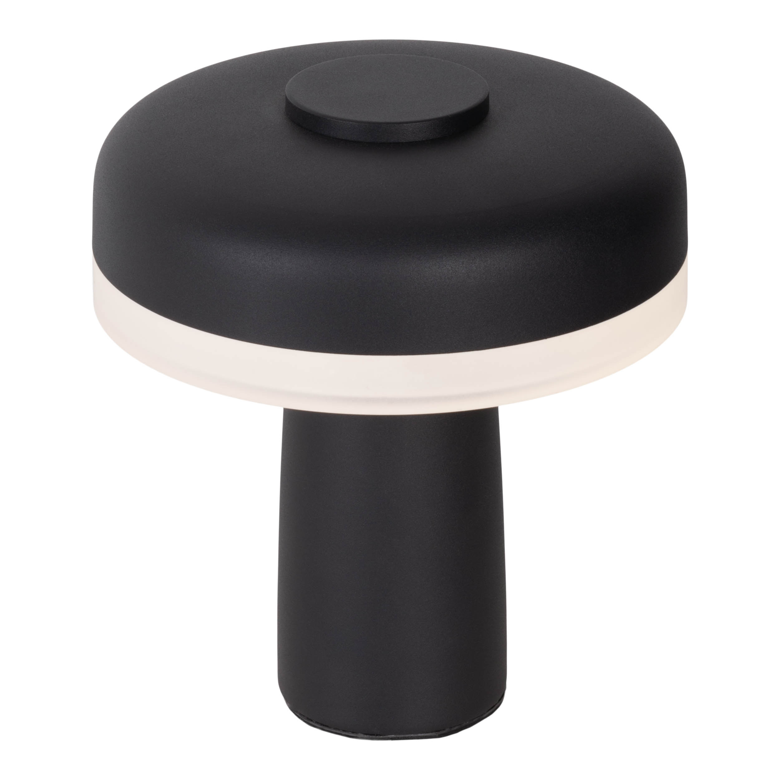 Schwarze moderne Tischlampe. Sie hat einen schwarzen oberen Teil und Sockel mit weißem Lichtring.