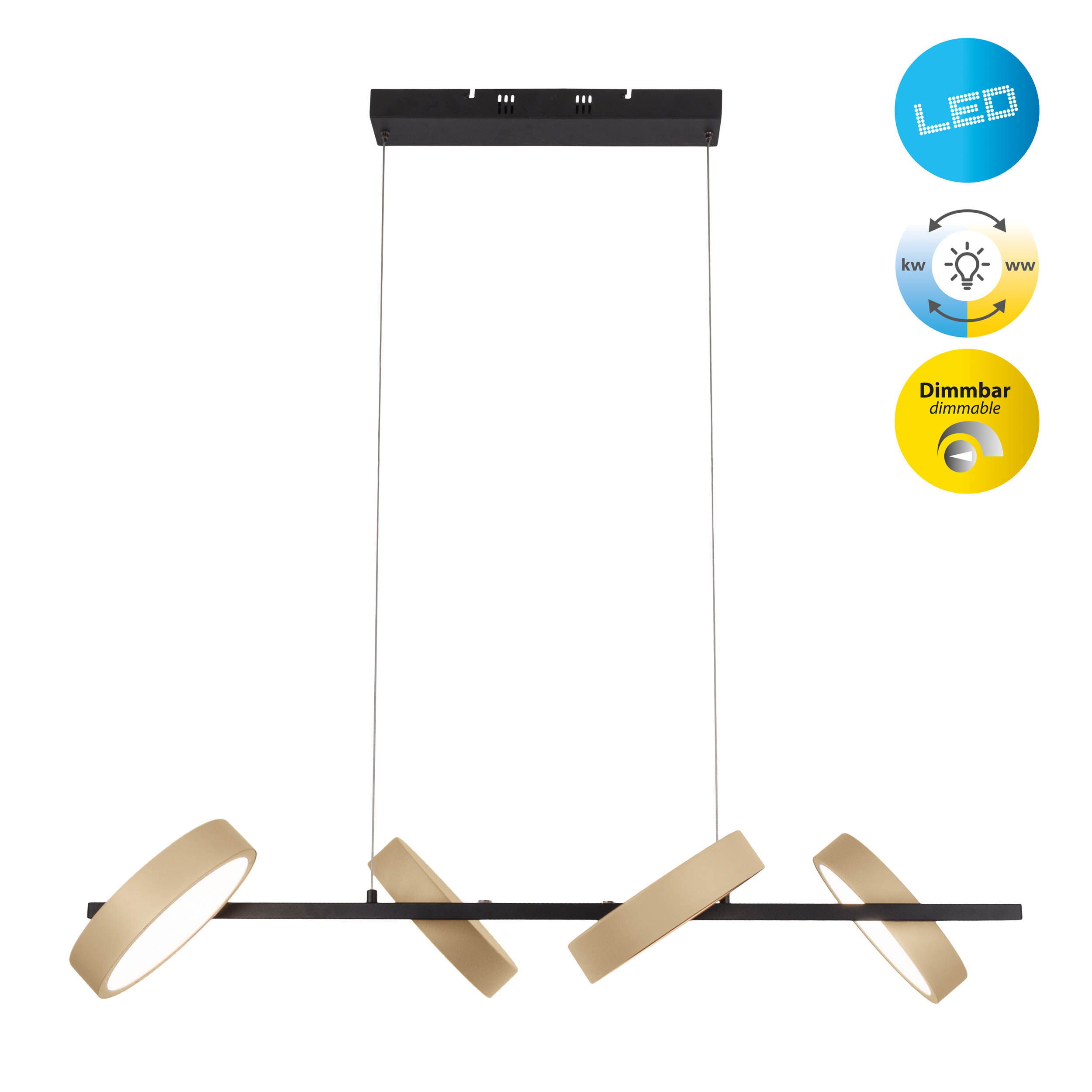 Eine moderne schwarze und beige LED-Pendelleuchte mit vier geneigten kreisförmigen Lichtelementen.