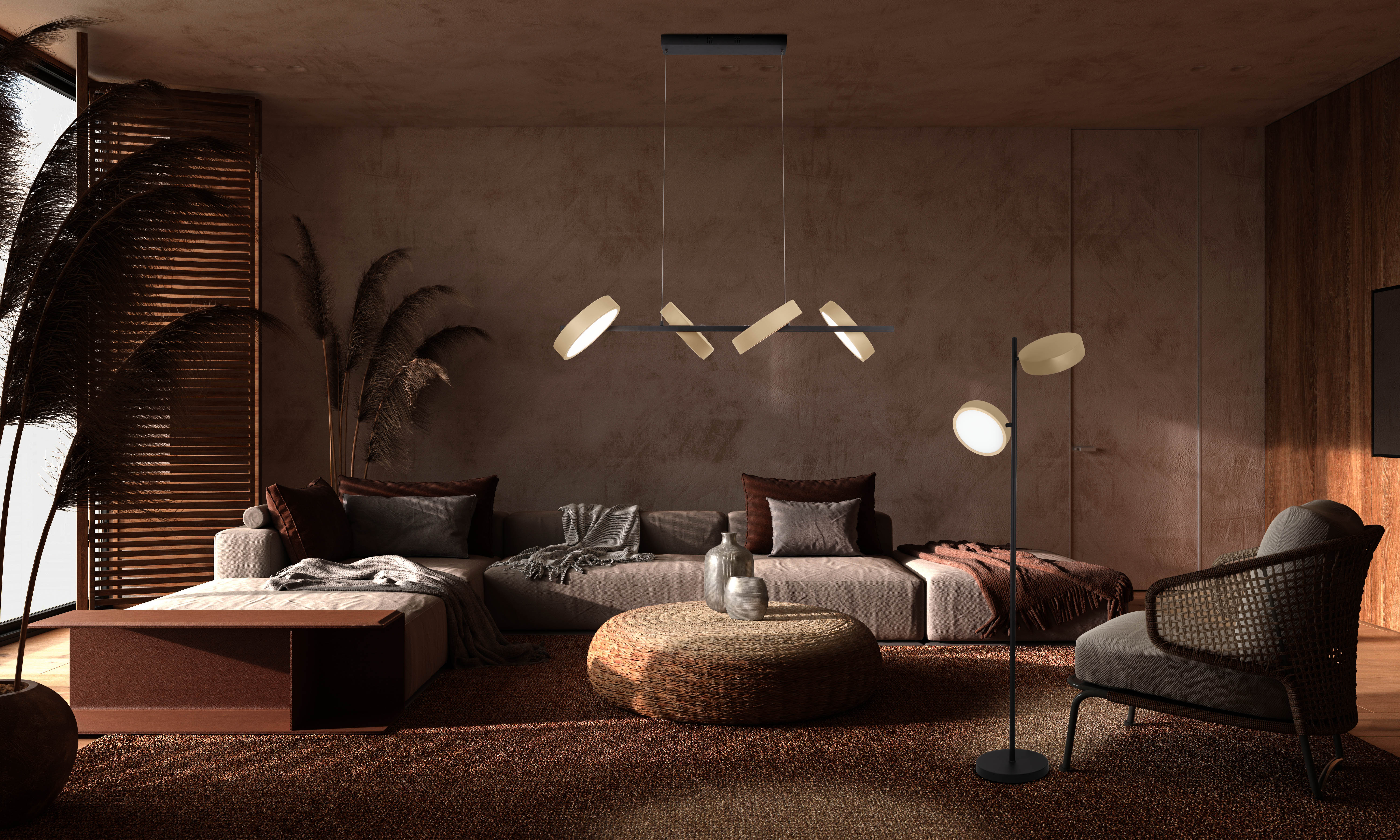 Gemütliches Wohnzimmer mit braunem Sofa, Teppich und Pendelleuchten. Modernes Design.