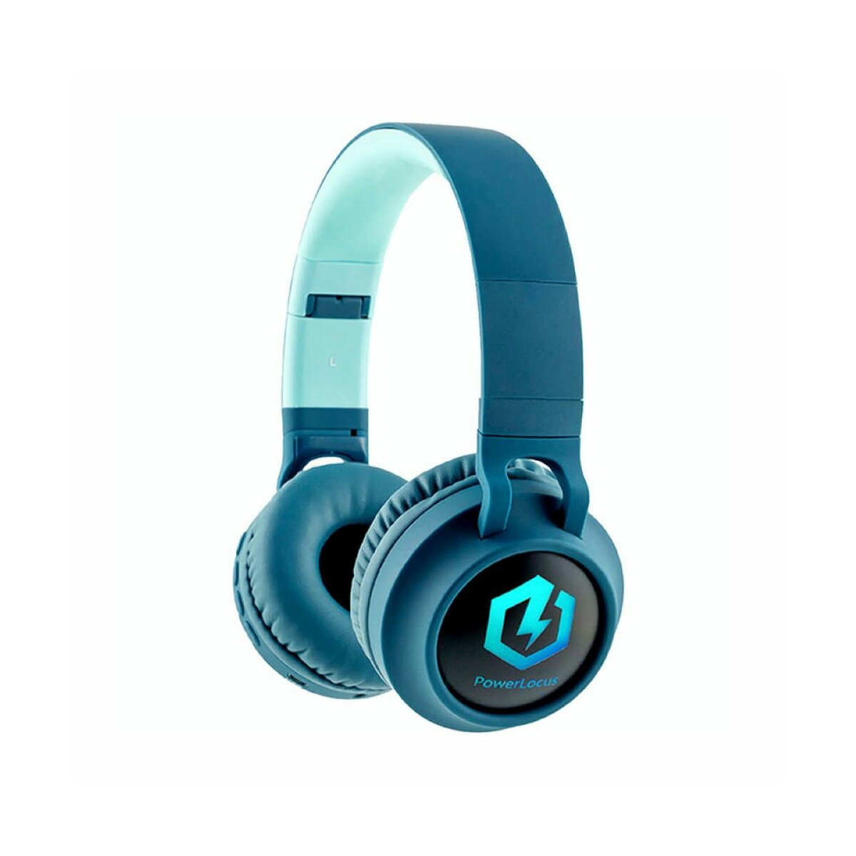 Cuffie blu con archetto turchese e logo.