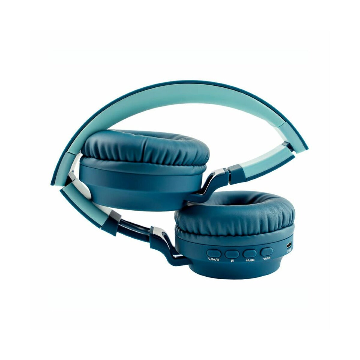 Cuffie pieghevoli blu con accenti azzurri su sfondo bianco.