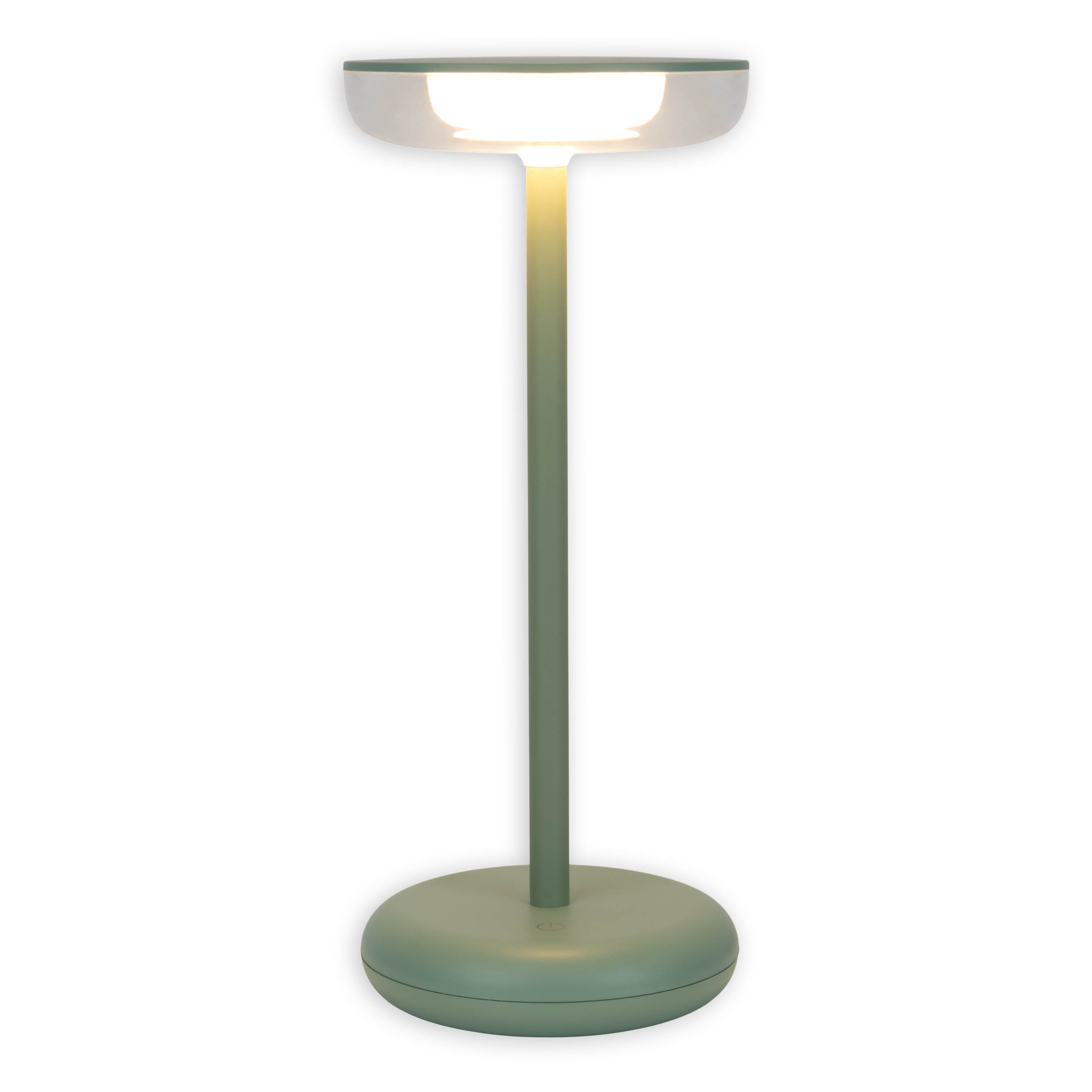Eine grün-weiße Lampe mit rundem Sockel und Licht oben.