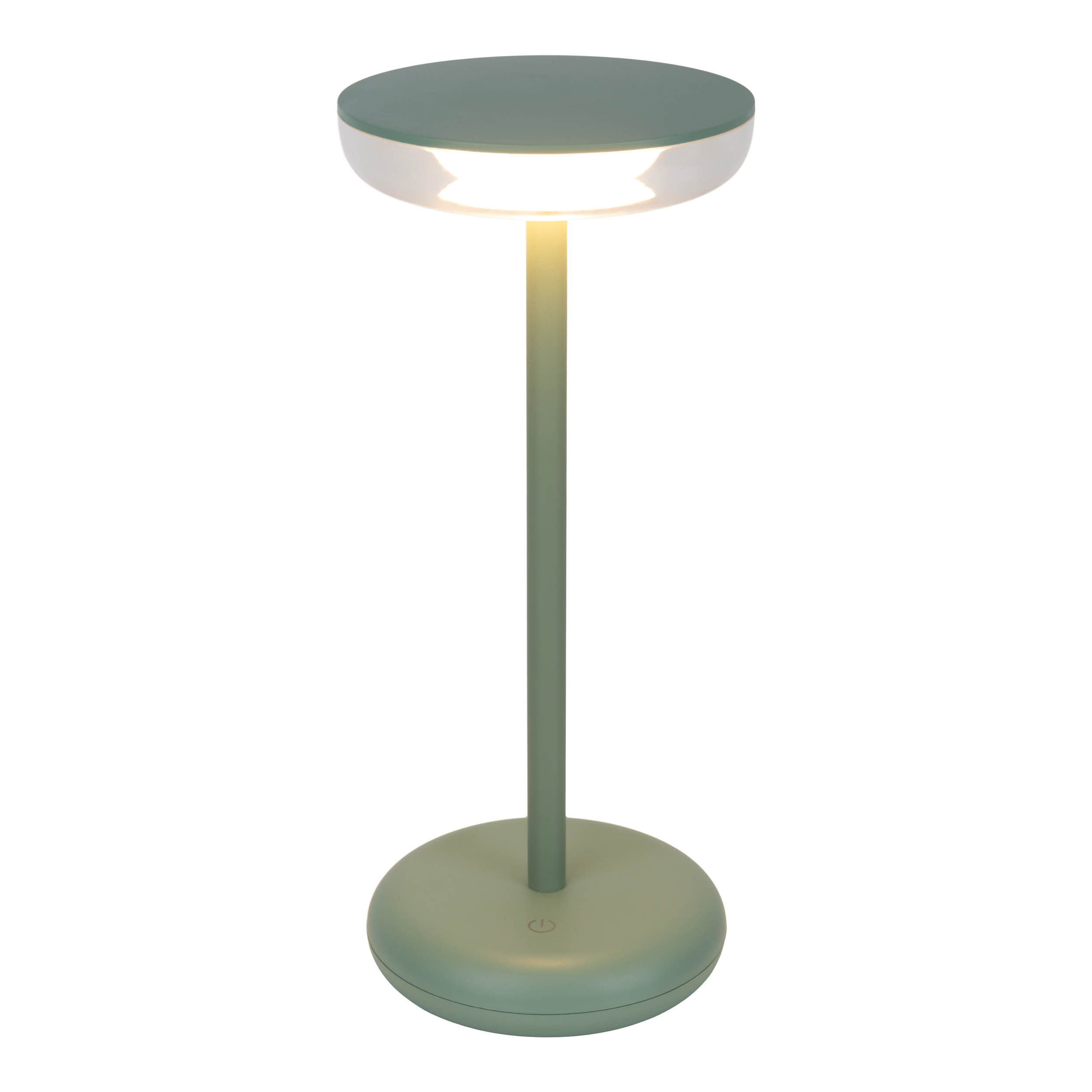 Grüne Tischlampe mit weißem Oberlicht und rundem Fuß.