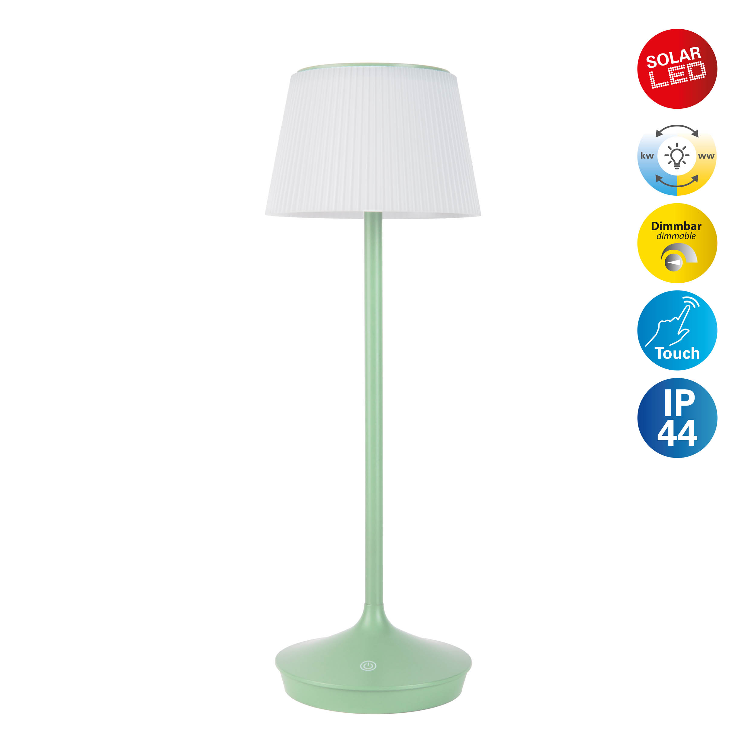Eine grüne Lampe mit weißem Lampenschirm, mit Funktionssymbolen.
