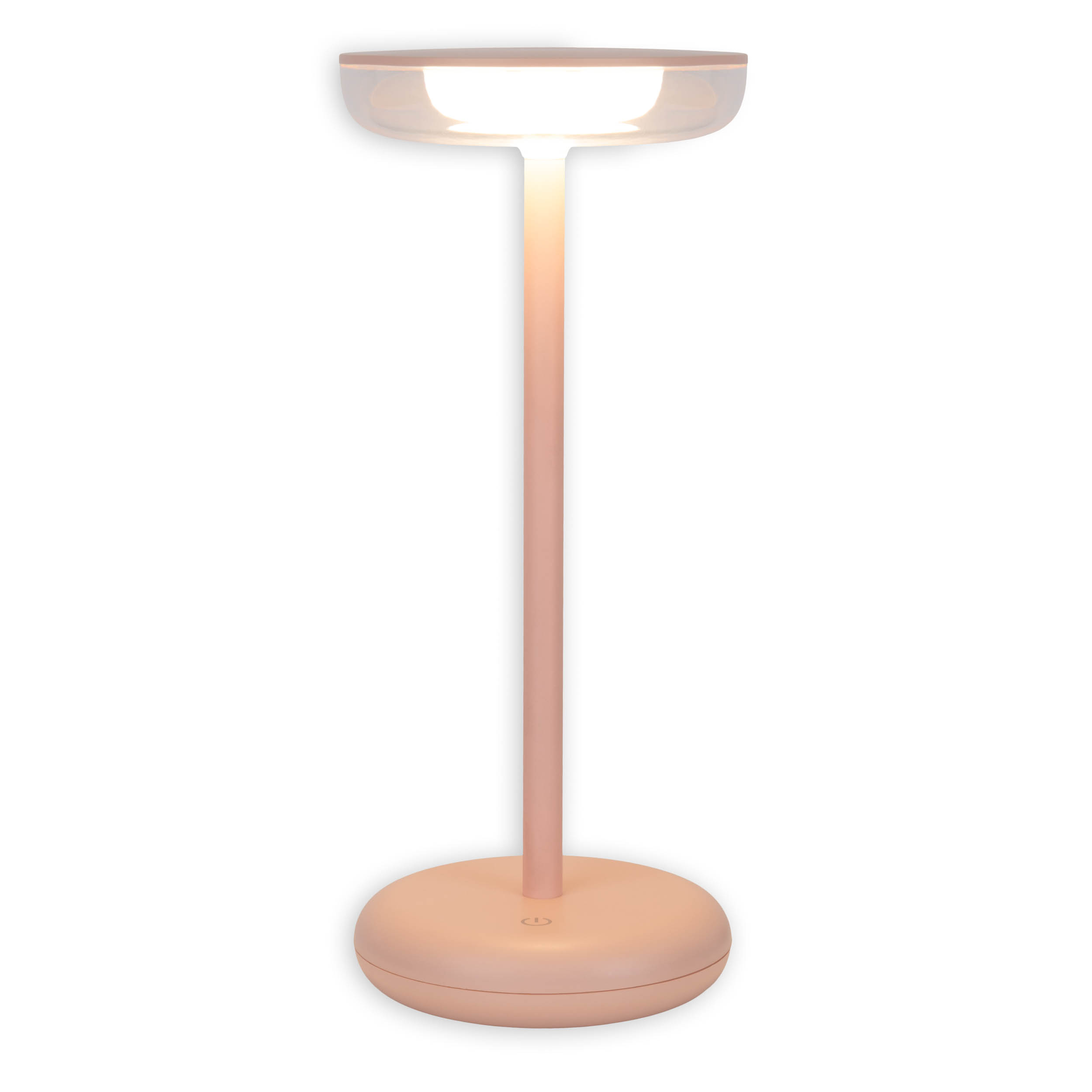 Rosa Tischlampe mit rundem Sockel und Licht oben. Weißer Hintergrund.