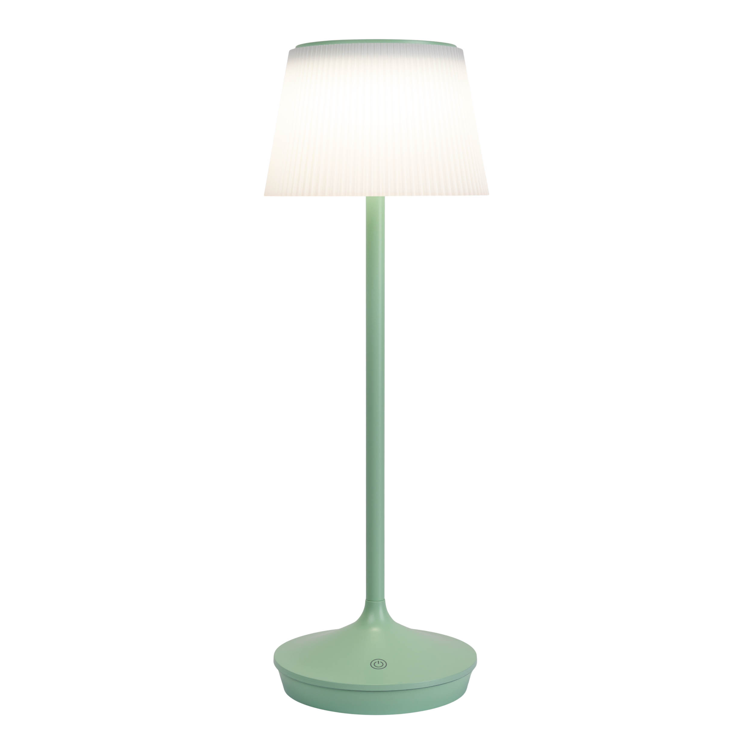 Eine Stehlampe in Mintgrün. Sie hat einen runden Sockel, einen hohen Stiel und einen Lampenschirm mit plissiertem Design.