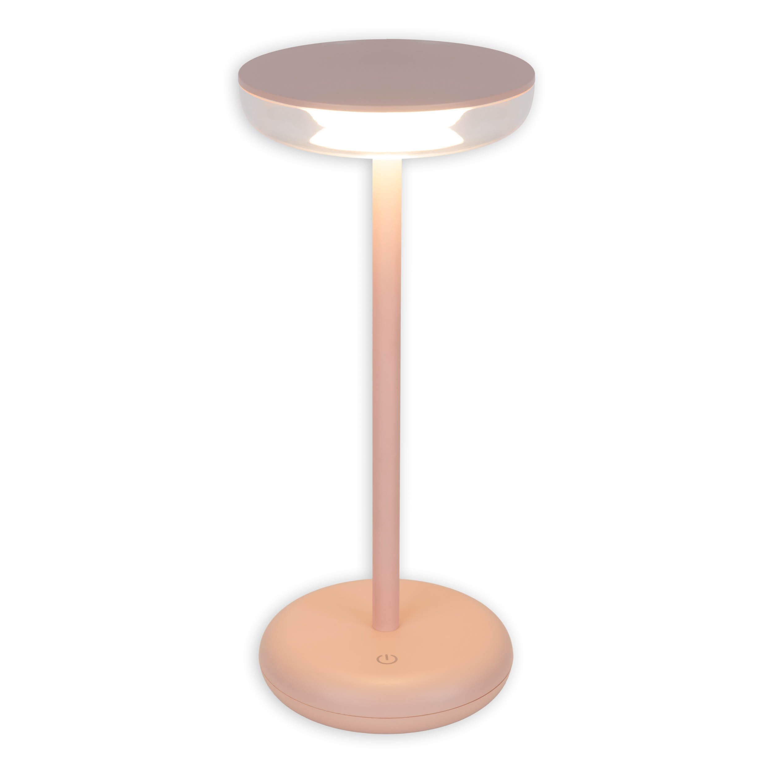 Eine rosa, moderne Tischlampe mit rundem Fuß, schlankem Stiel und beleuchtetem, rundem Kopf.