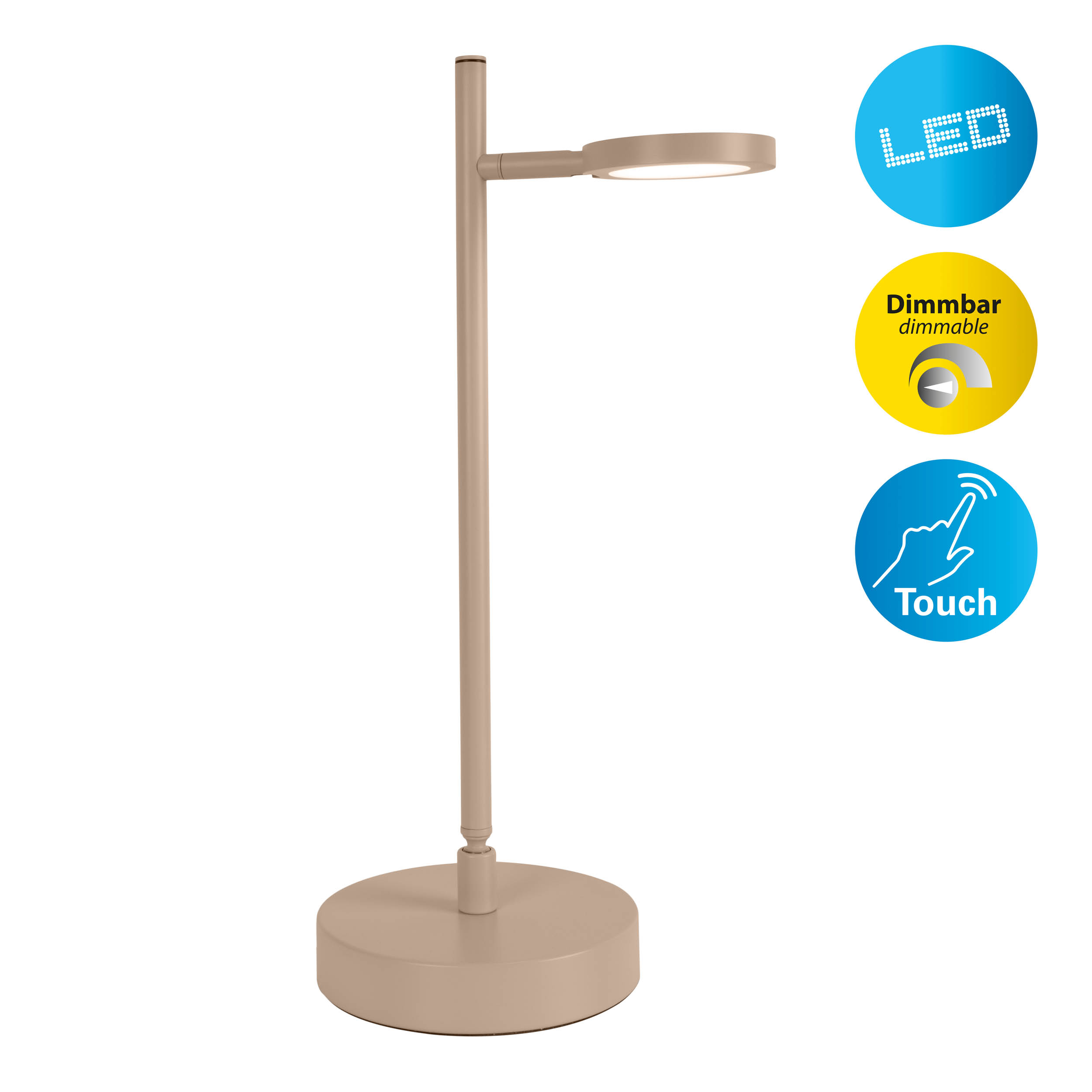 Beige Schreibtischlampe mit rundem Sockel, vertikalem Schaft und horizontalem Arm mit LED-Licht.