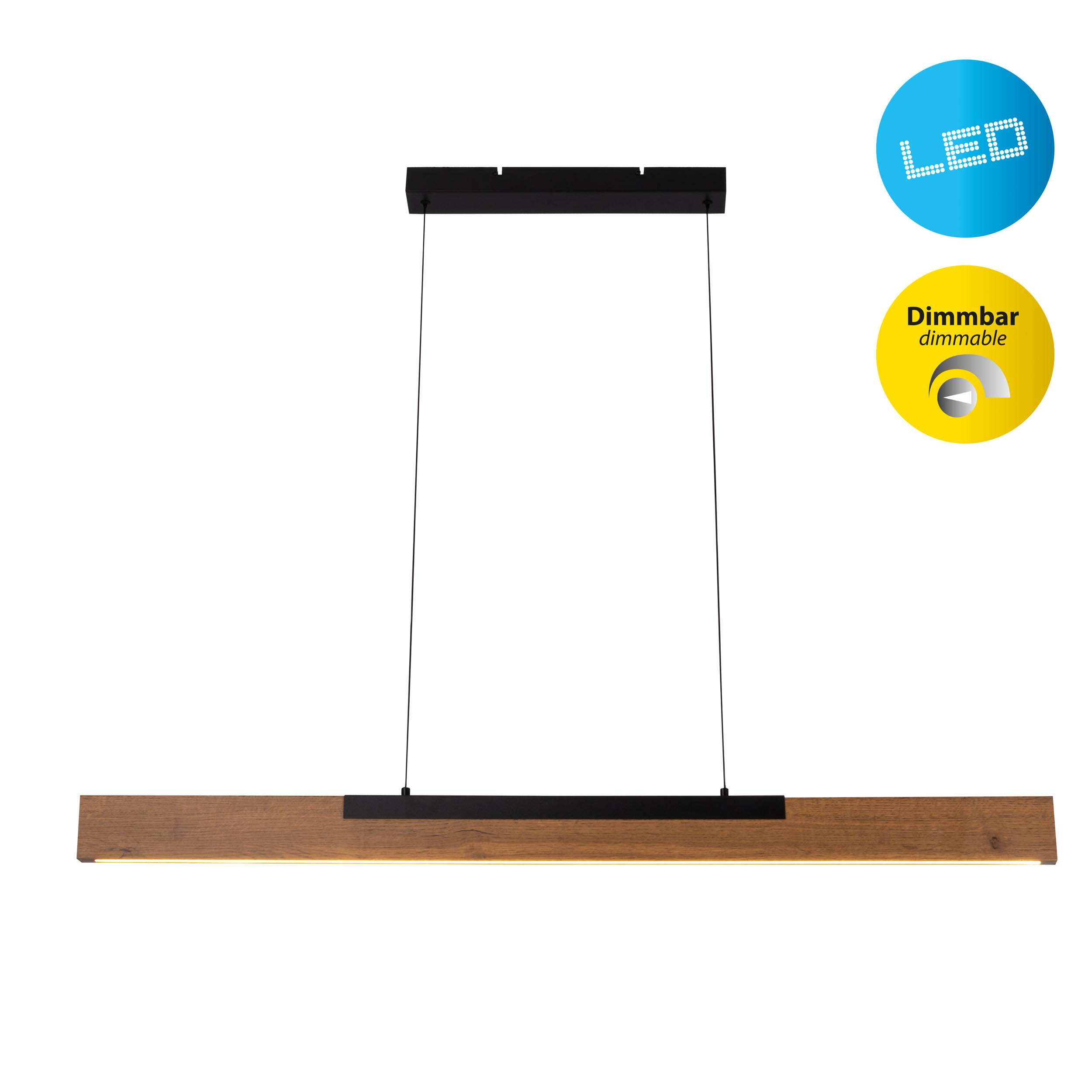 Pendelleuchte im Holz-Look mit LED, Dimm- und LED-Symbolen.