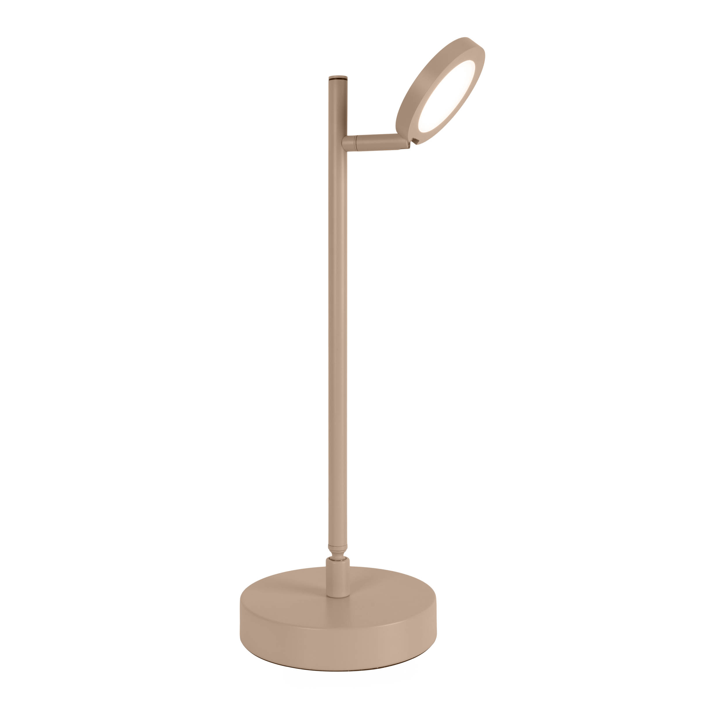 Eine moderne, beige Schreibtischlampe mit rundem Licht. Sie hat einen langen Ständer und einen runden Fuß.
