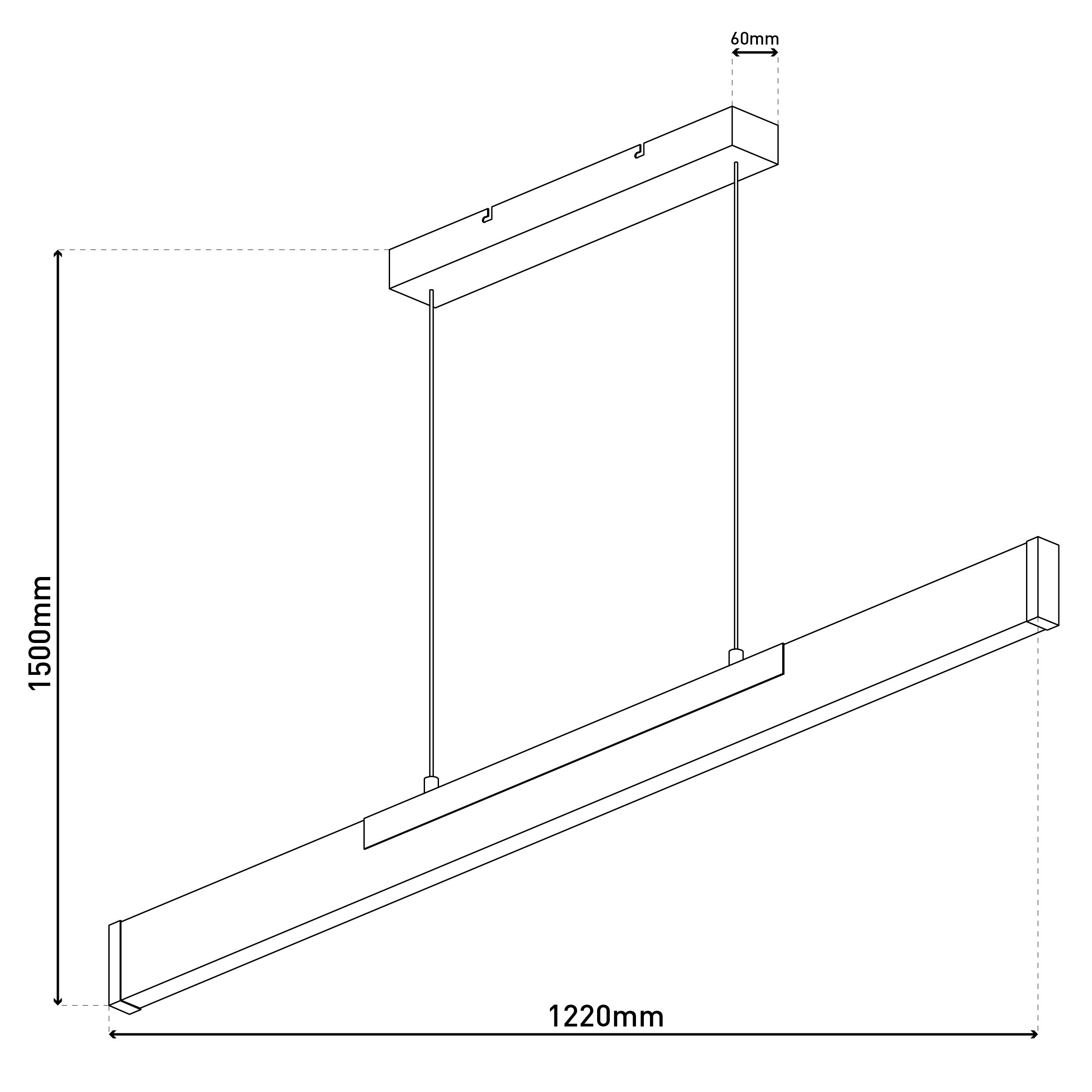 Hängeleuchte linear mit den Maßen 1220 mm x 1500 mm, mit Beschriftungen. Weißer Hintergrund.