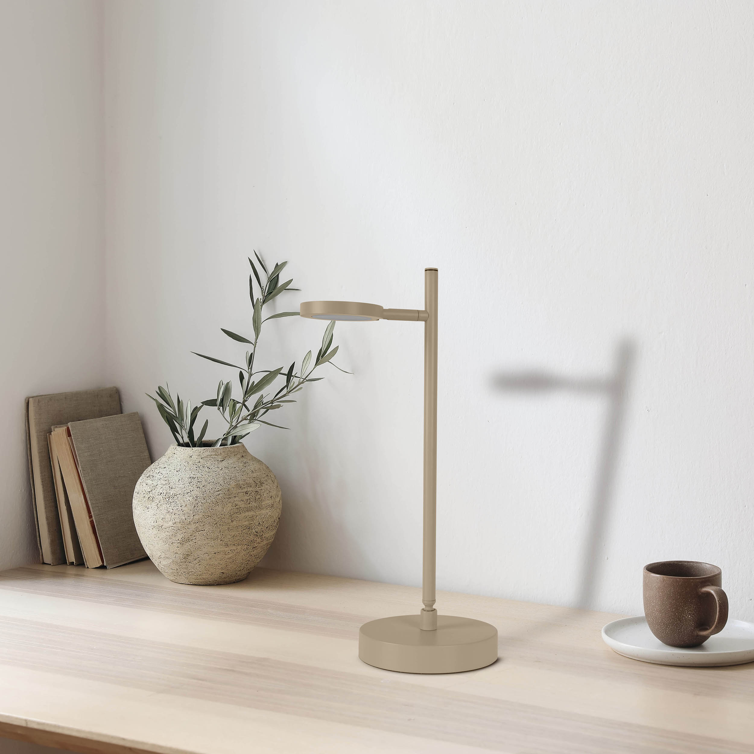 Tischlampe auf einem Schreibtisch mit Büchern und einer Vase. Es gibt eine Kaffeetasse und eine Olivenpflanze mit einer weißen Wand.