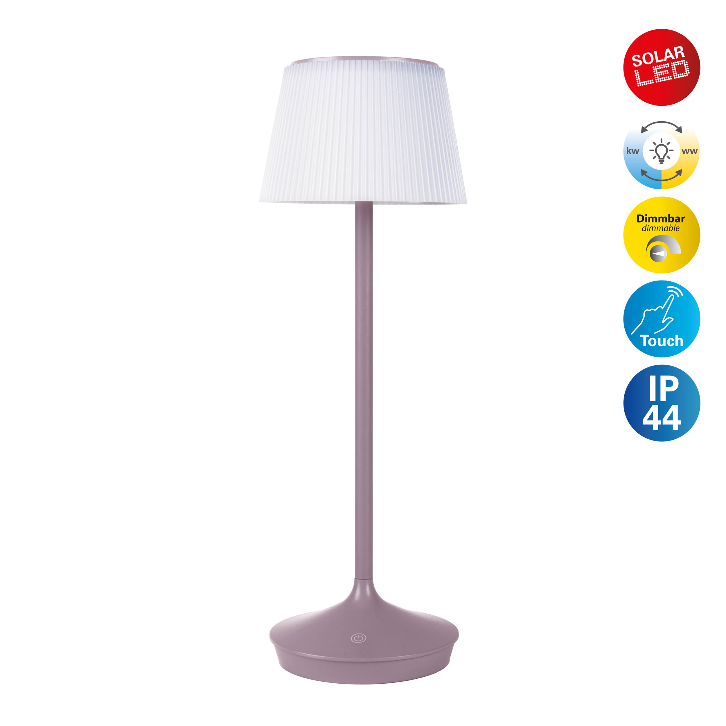 Eine Lampe mit weißem, plissiertem Schirm, lila Stiel und berührungsempfindlichem Sockel.