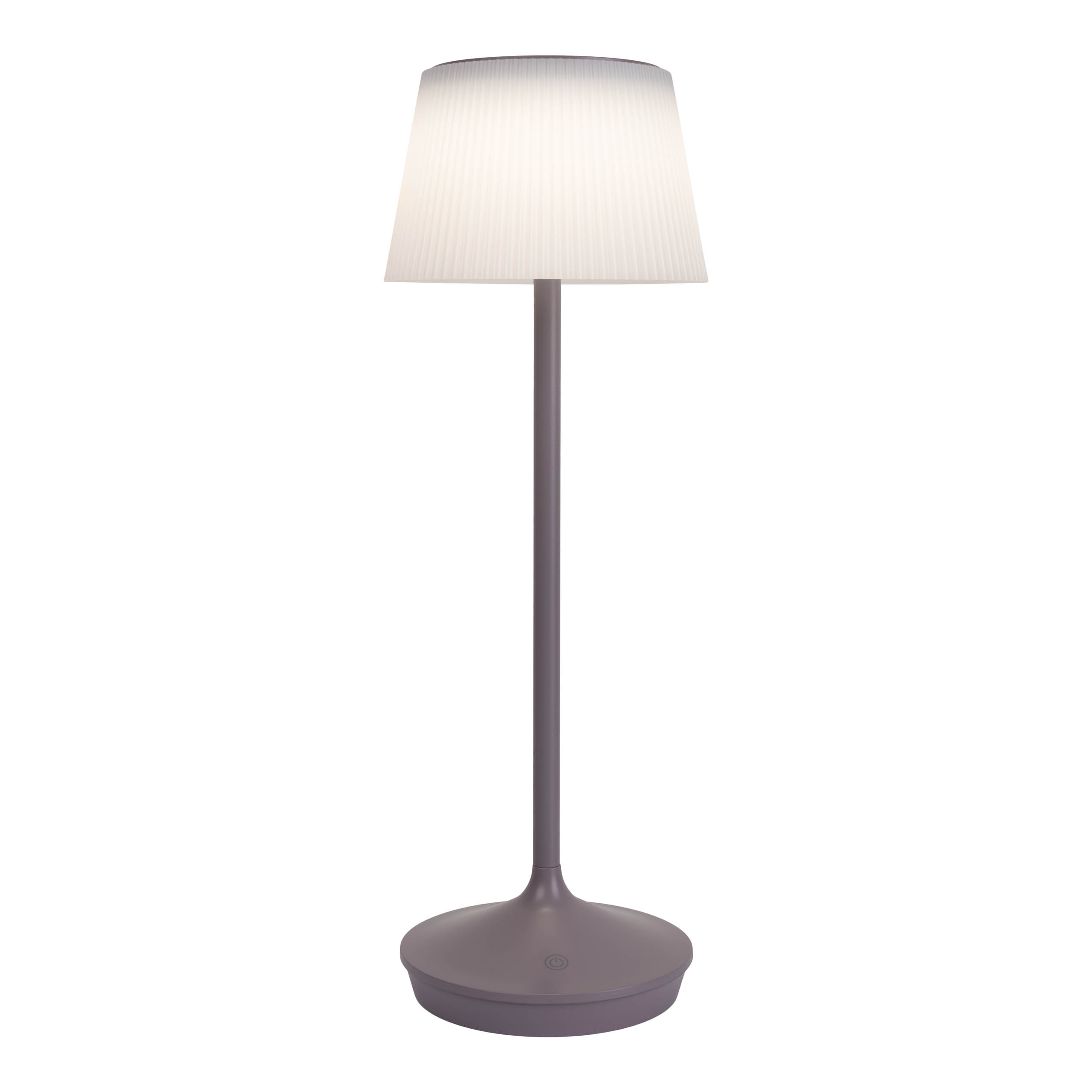 Eine Stehlampe mit weißem Lampenschirm und grauem Fuß und Stange.