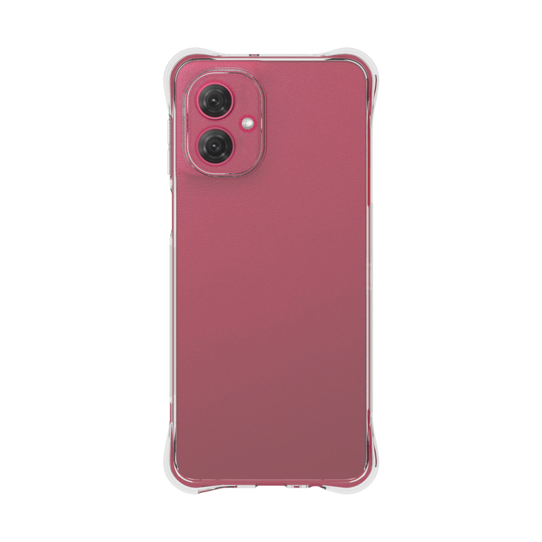 Ein rotes Smartphone mit einer durchsichtigen Schutzhülle. Auf der Rückseite sind zwei Kameralinsen sichtbar.