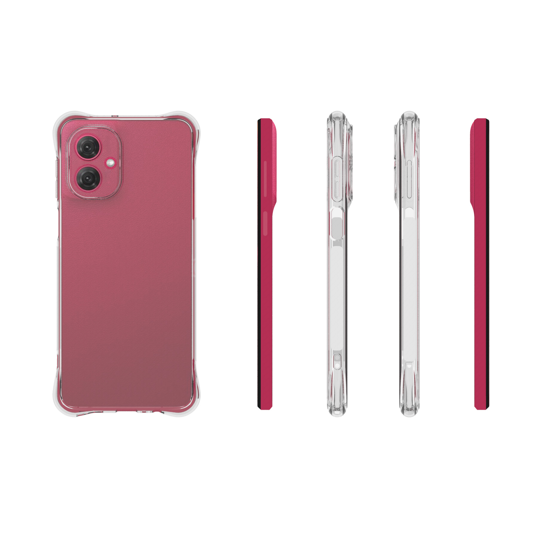 Ein pinkfarbenes Telefon mit einer transparenten Hülle, mit Seiten- und Rückansicht.