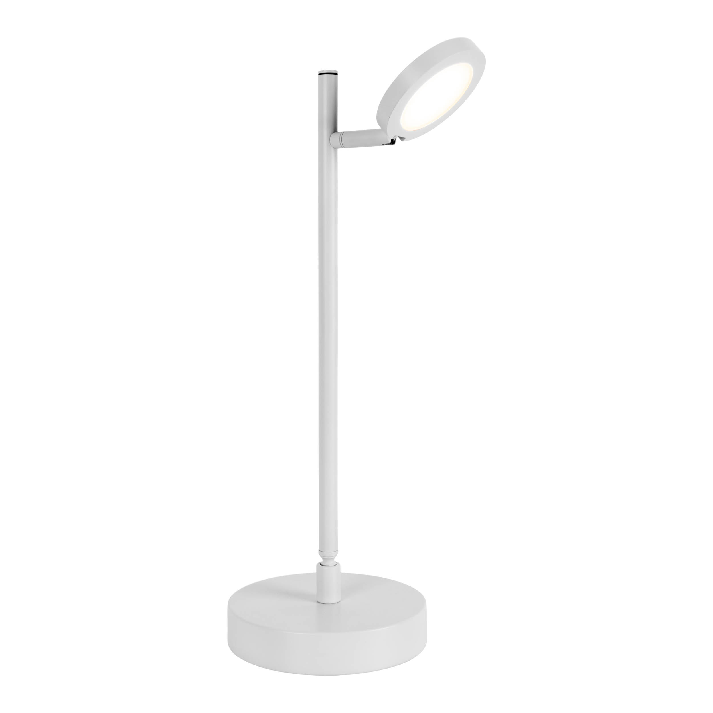Eine weiße moderne Schreibtischlampe mit einem kreisförmigen Licht oben und einem runden Sockel. Die Lampe ist eingeschaltet.