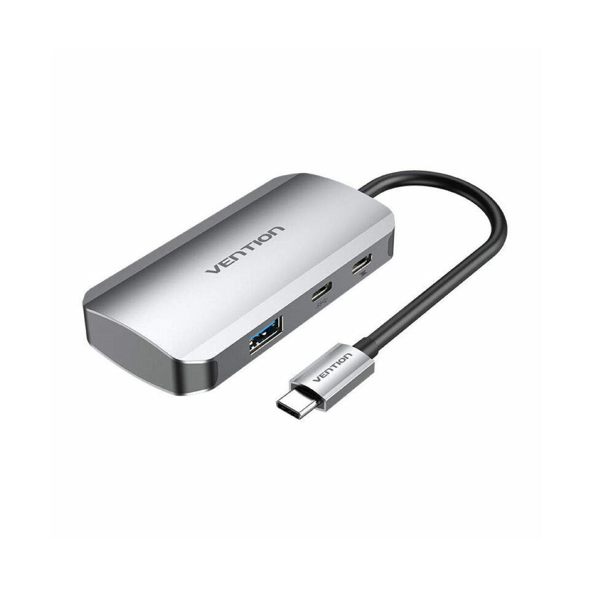 Un hub USB argento con più porte e un cavo nero collegato con connettore USB-C.