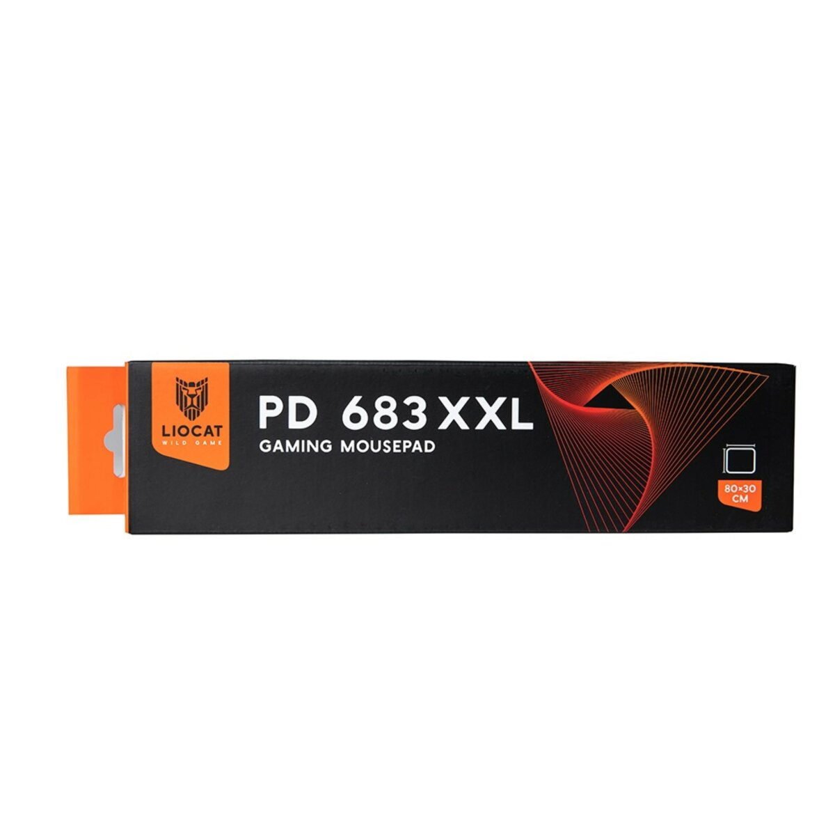 Schwarze und orangefarbene Gaming-Mauspad-Box. Die Box zeigt Produktname und LIO CAT WILD GAME Logo.