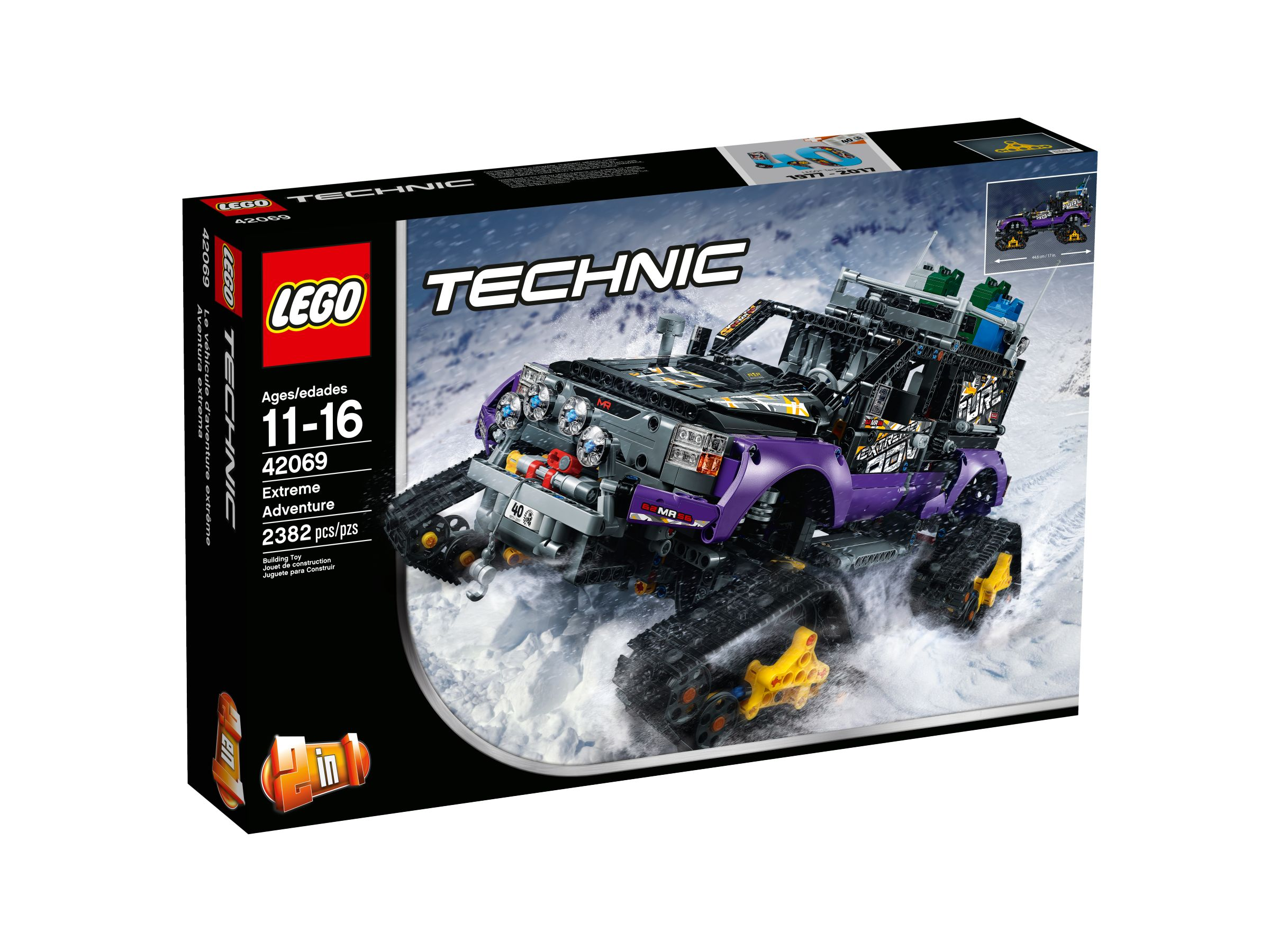 Pudełko Lego Technic. Na pudełku fioletowo-czarny samochód terenowy na zaśnieżonym terenie. Wiek: 11-16 lat.