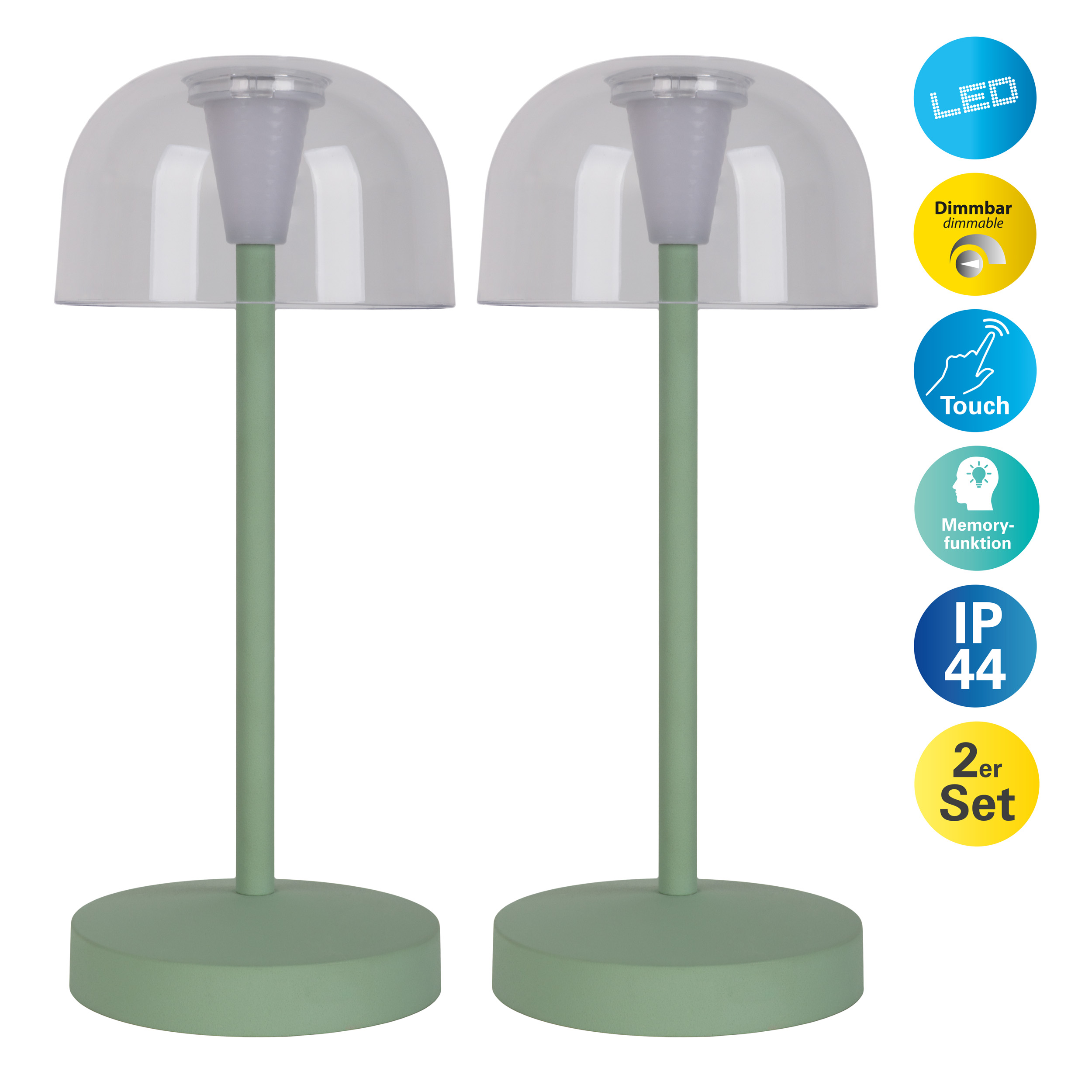 Due lampade da tavolo verdi con coperture traslucide, con simboli touch, dimmerabili e altre funzioni.