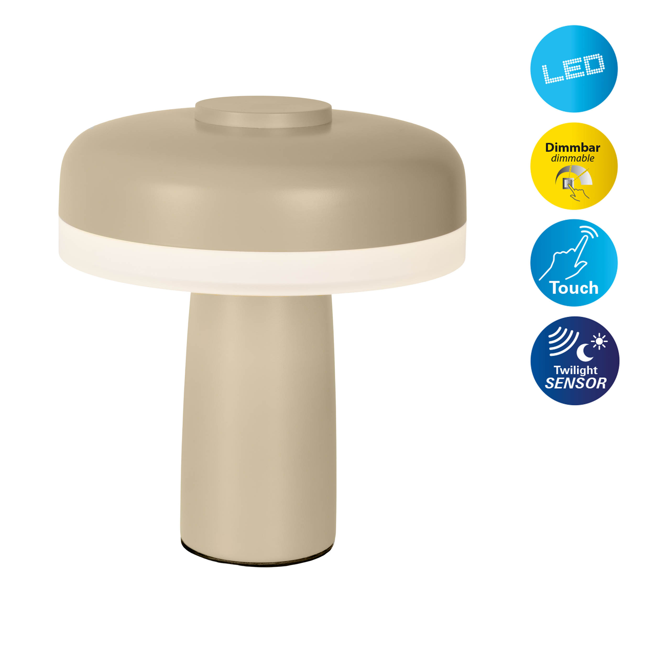 Beige pilzförmige Tischlampe mit weißem Lichtring. Merkmale: LED, dimmbar, Touch und Dämmerungssensor.