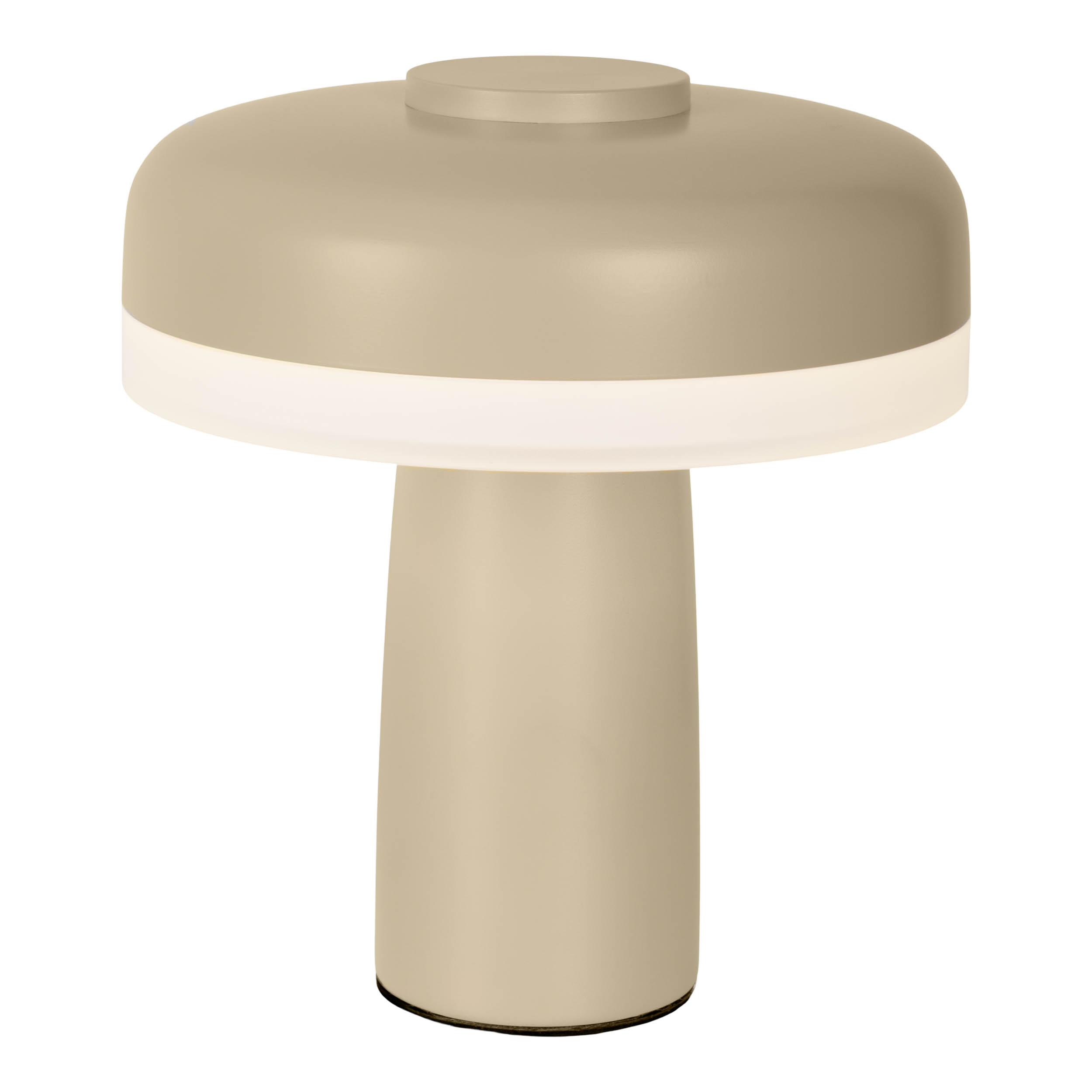 Eine beige Tischlampe mit weißem Licht. Sie steht auf einer weißen Oberfläche. Die Lampe hat ein modernes Design.