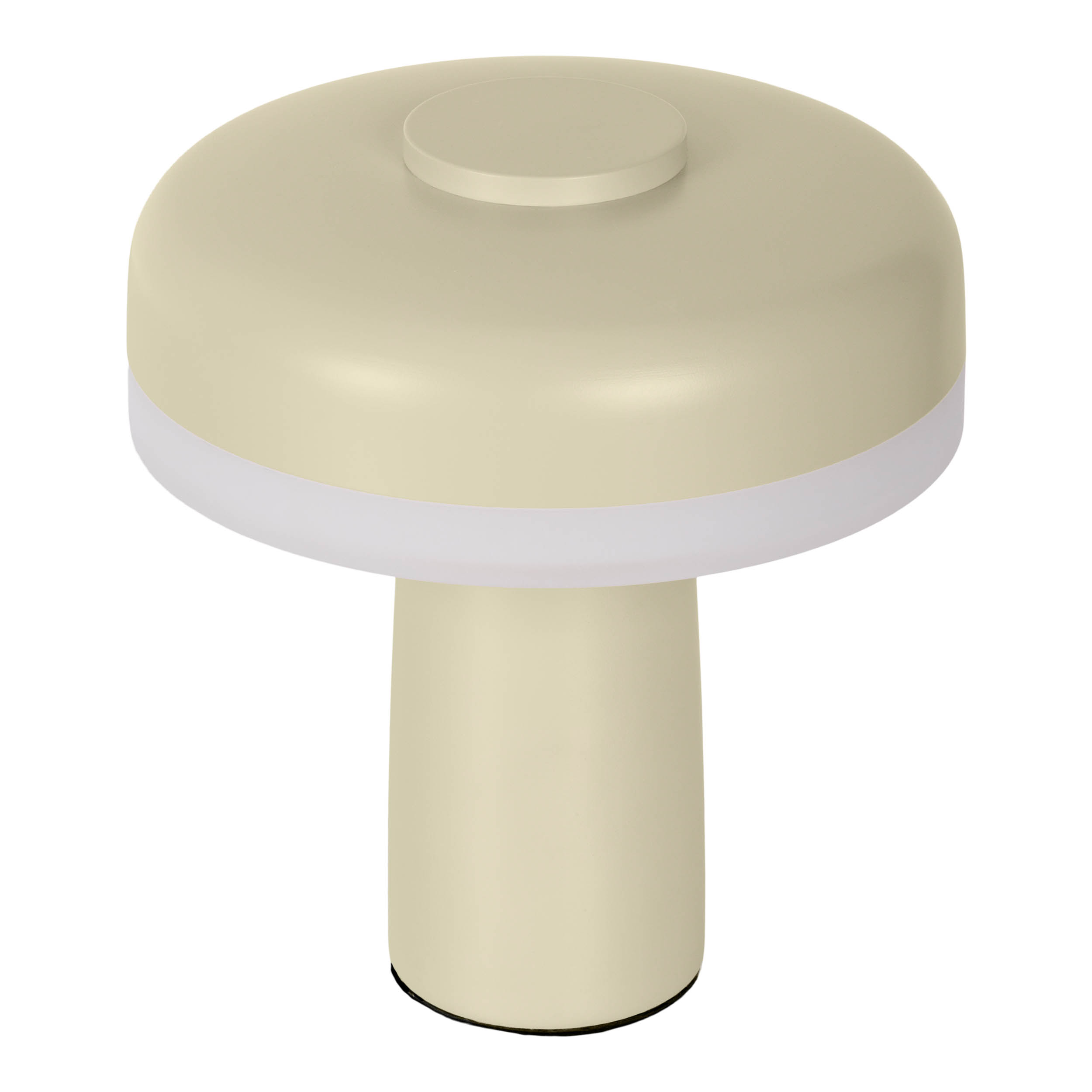 Eine beige, pilzförmige Tischlampe mit einem weißen Lichtring.