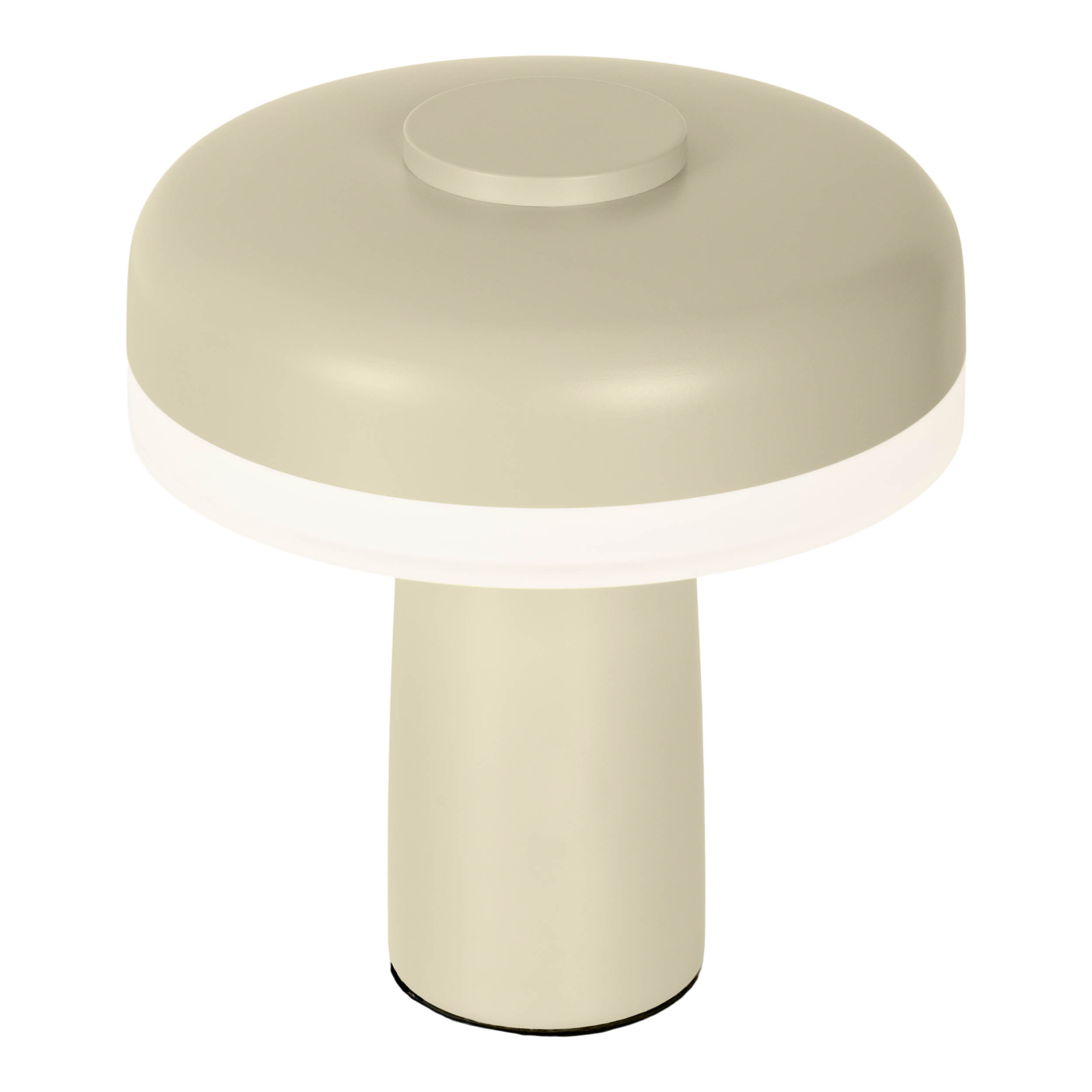 Cremefarbene pilzförmige Lampe mit weißem Lichtring. Weißer Hintergrund.