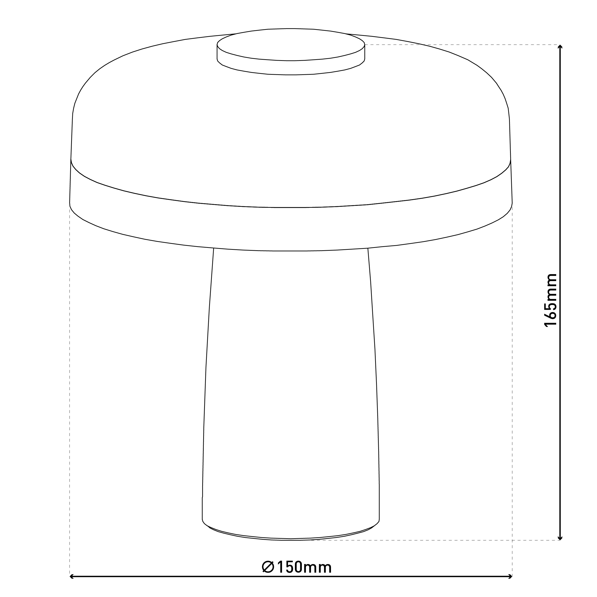 Weiße Lampe mit rundem Oberteil und zylindrischem Sockel. Abmessungen werden gezeigt.