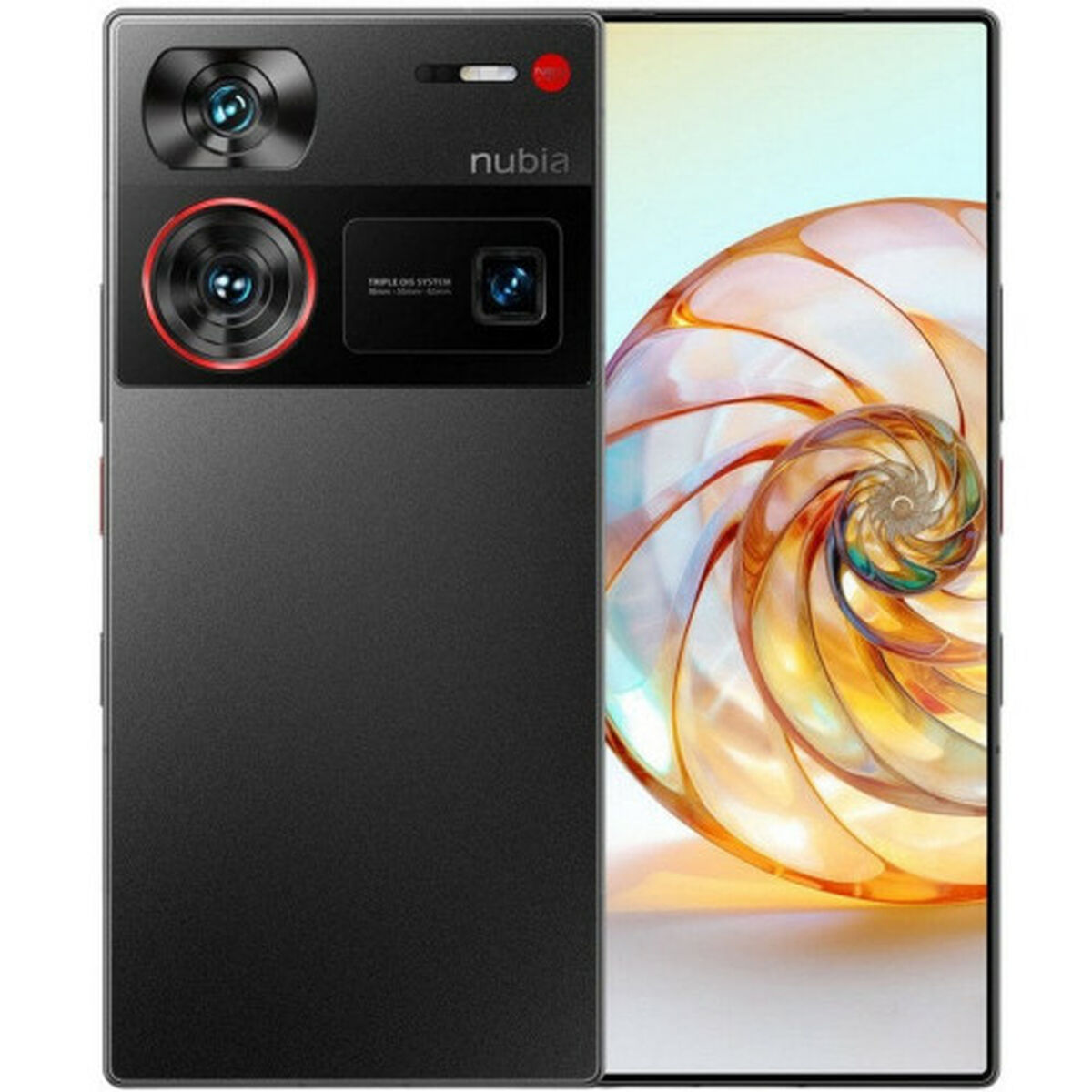 Czarny i czerwony telefon. Telefon ma sekcję aparatu. Jest złoty i wirowy design.