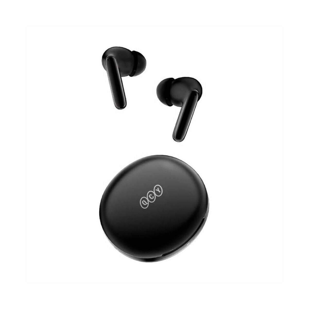 Auricolari wireless neri e custodia di ricarica. Gli auricolari sono in aria, con la custodia in basso. La custodia ha un logo.
