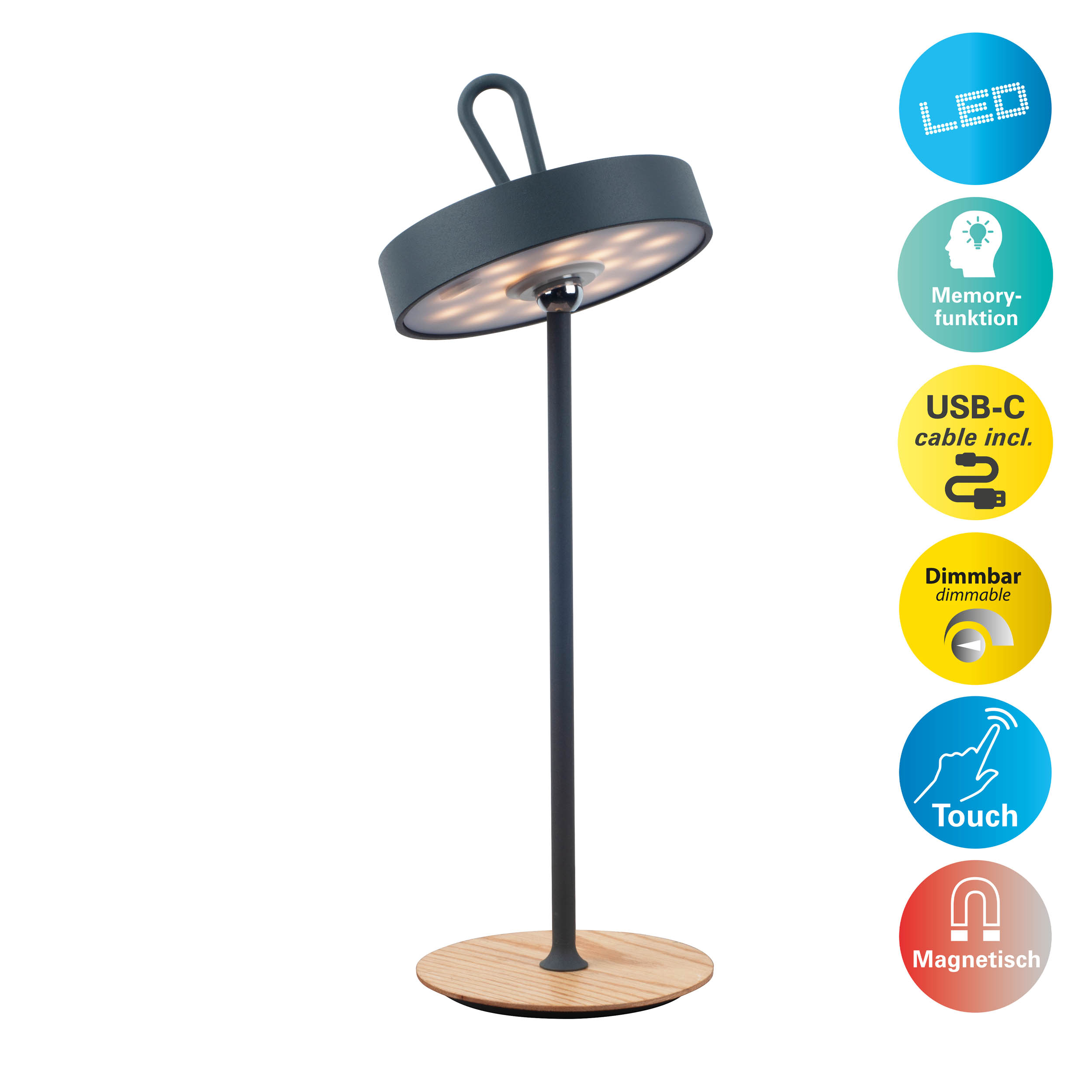 Eine schwarze Lampe mit Holzsockel und Steuerungssymbolen, die Licht aussendet.