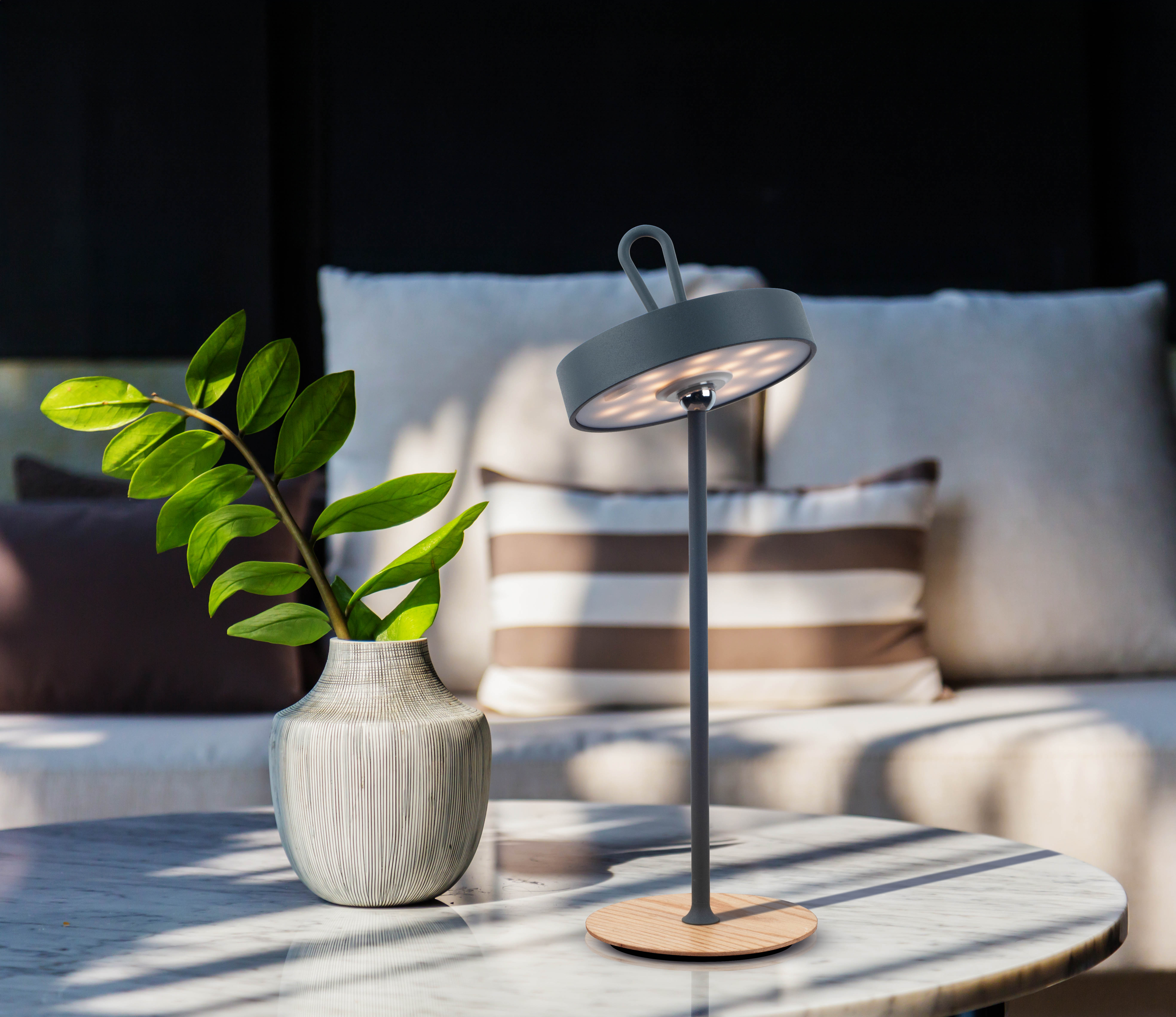 Schwarze Lampe auf Holzsockel auf einem Tisch. Grüne Blätter in Vase, Sofa im Hintergrund.