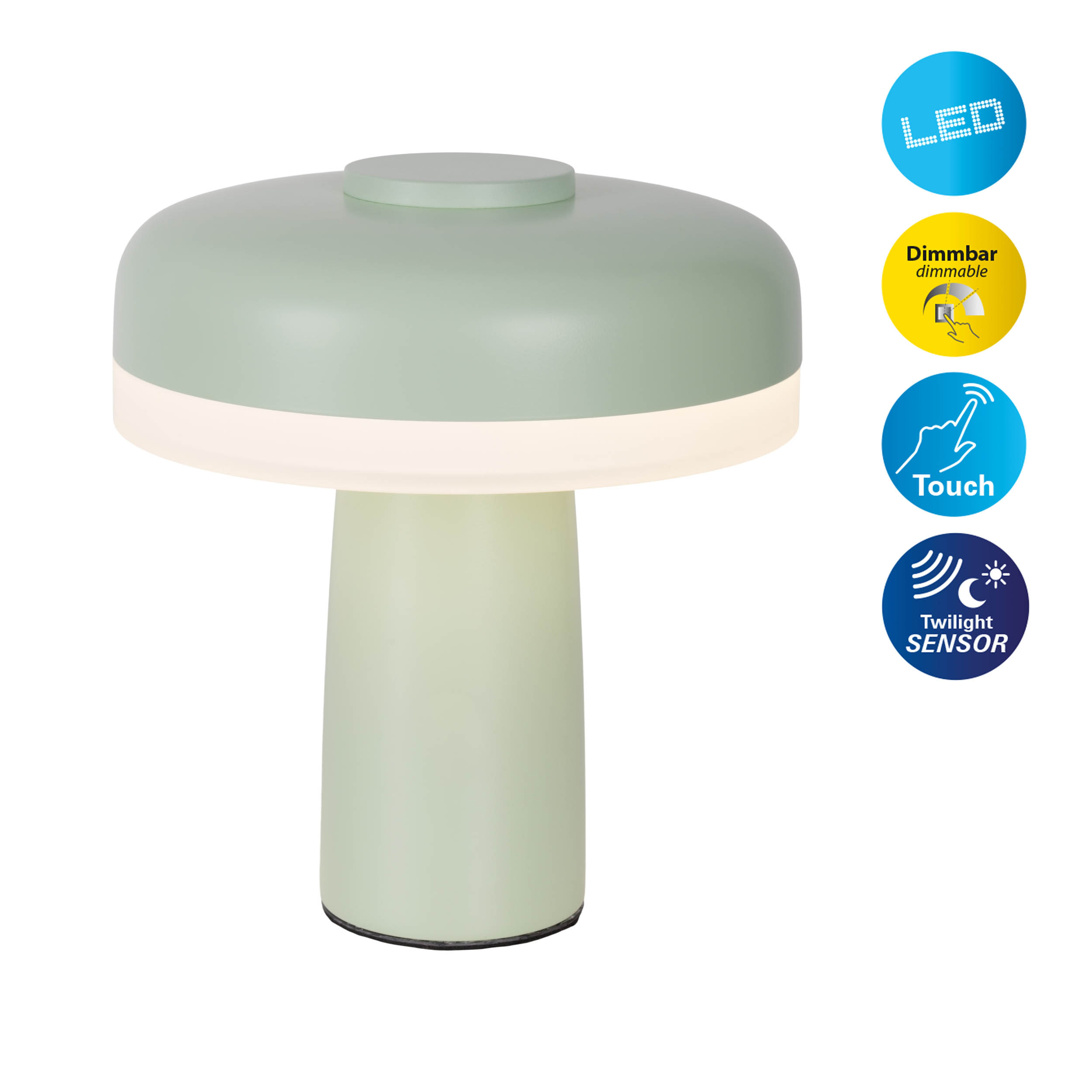 Grüne und weiße Tischlampe mit Berührungssensor und dimmbarem Licht, weißer Hintergrund.