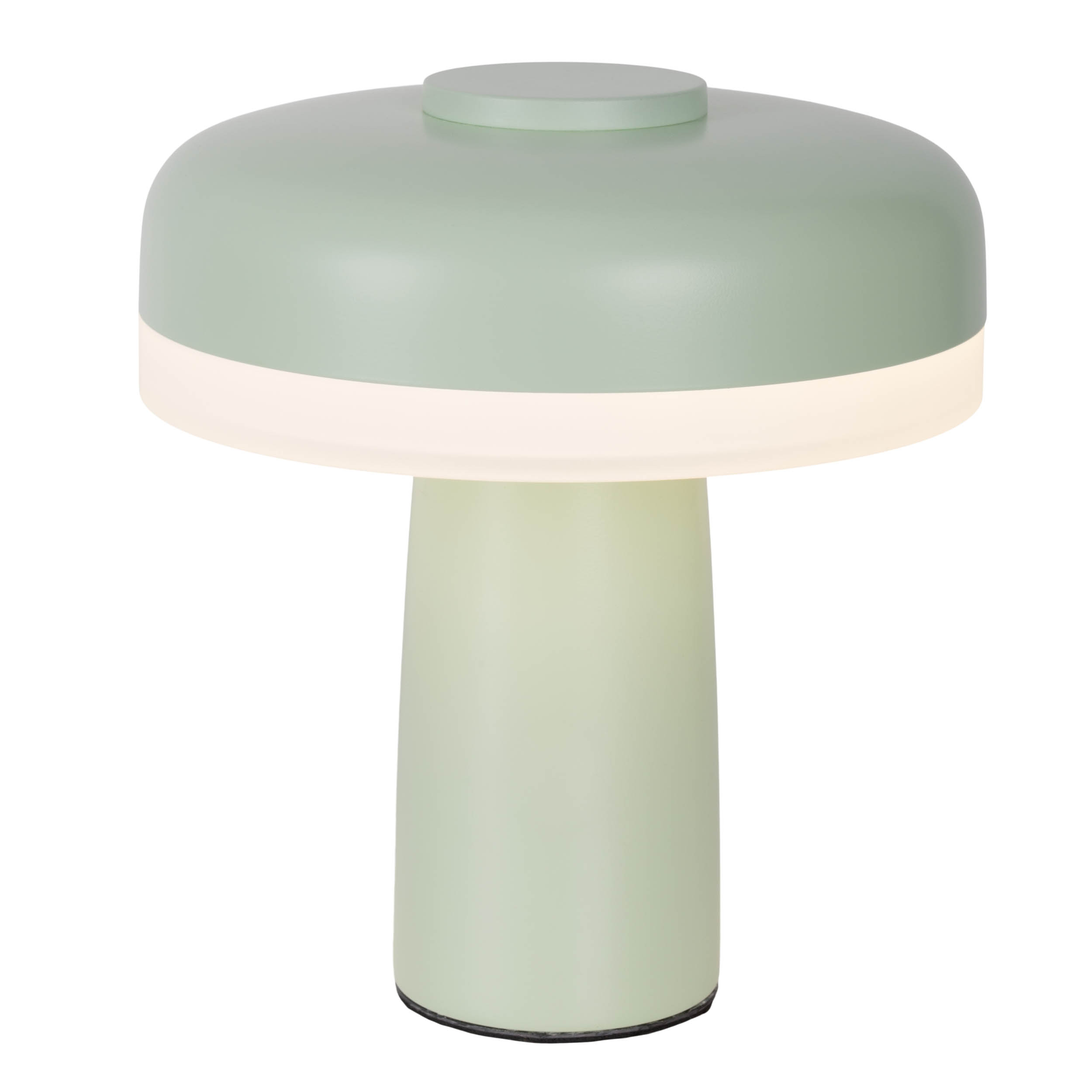 Minzgrüne pilzförmige Lampe mit weißem Lichtaustrittsbereich.
